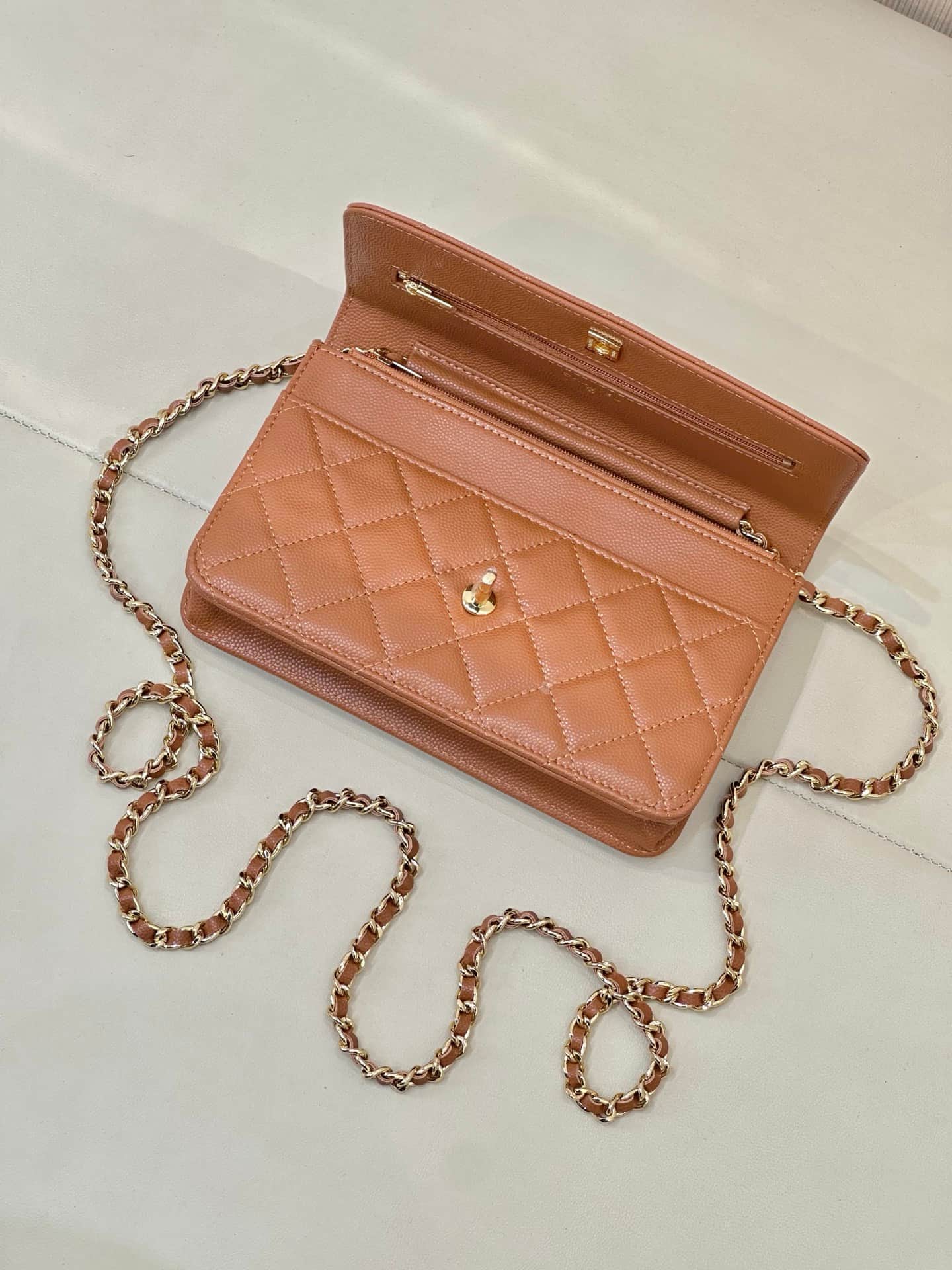 Chanel Classic Wallet on Chain Grained Shiny Calfskin& Gold-Tone Metal AP4241 Caramel TOP