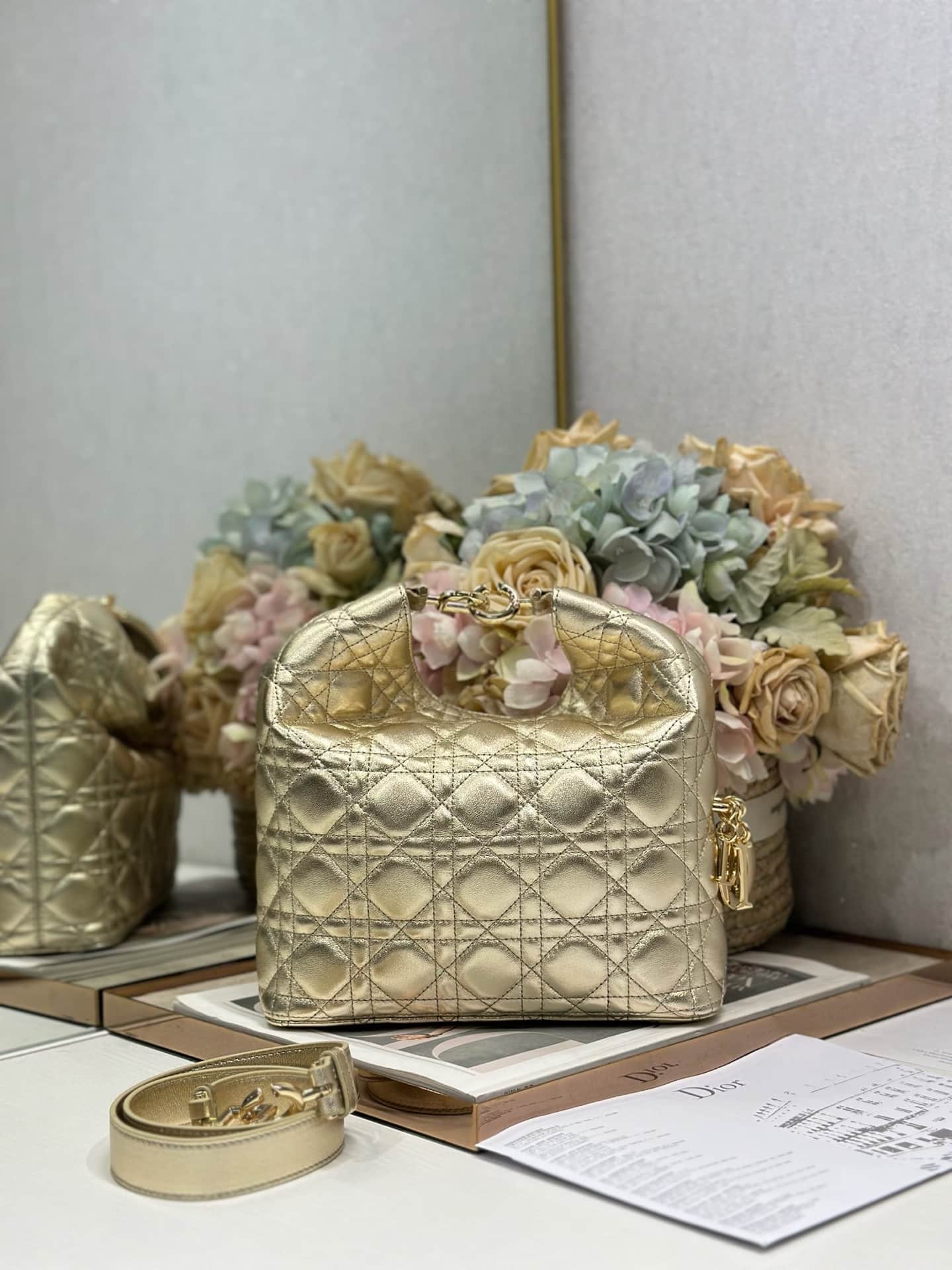 Dior Metallic Cannage Calfskin Handbag Gold High