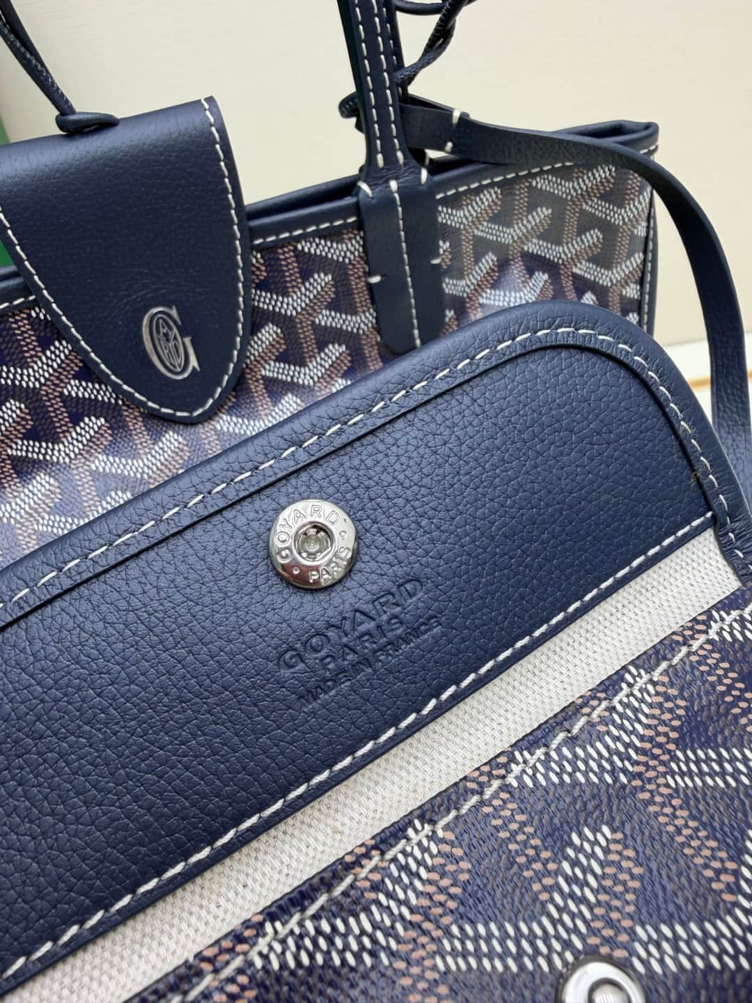 Goyard Mini Anjou Tote Goyardine Canvas with White Painted Mascot Navy Blue High