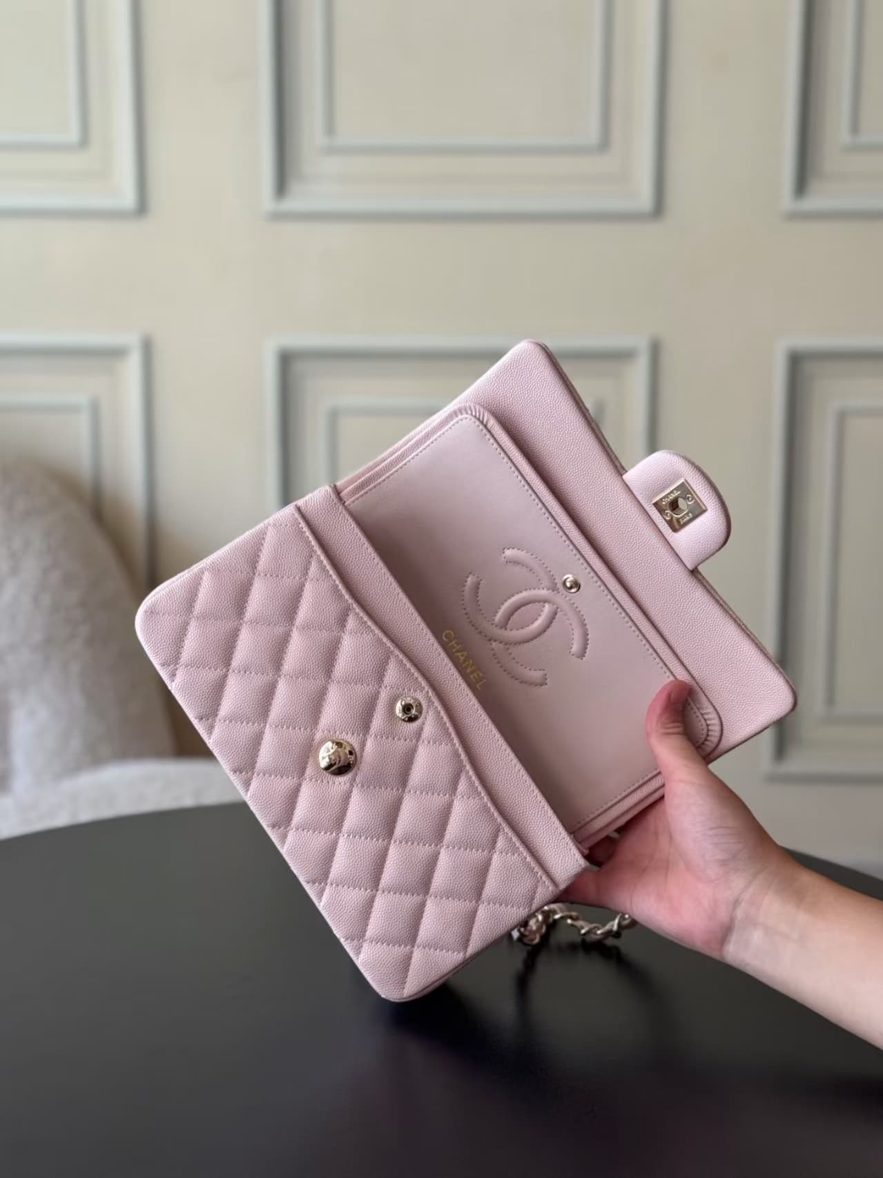 Chanel Small CLASSIC HANDBAG Grained Calfskin Gold-Tone Metal Pink 1117 TOP