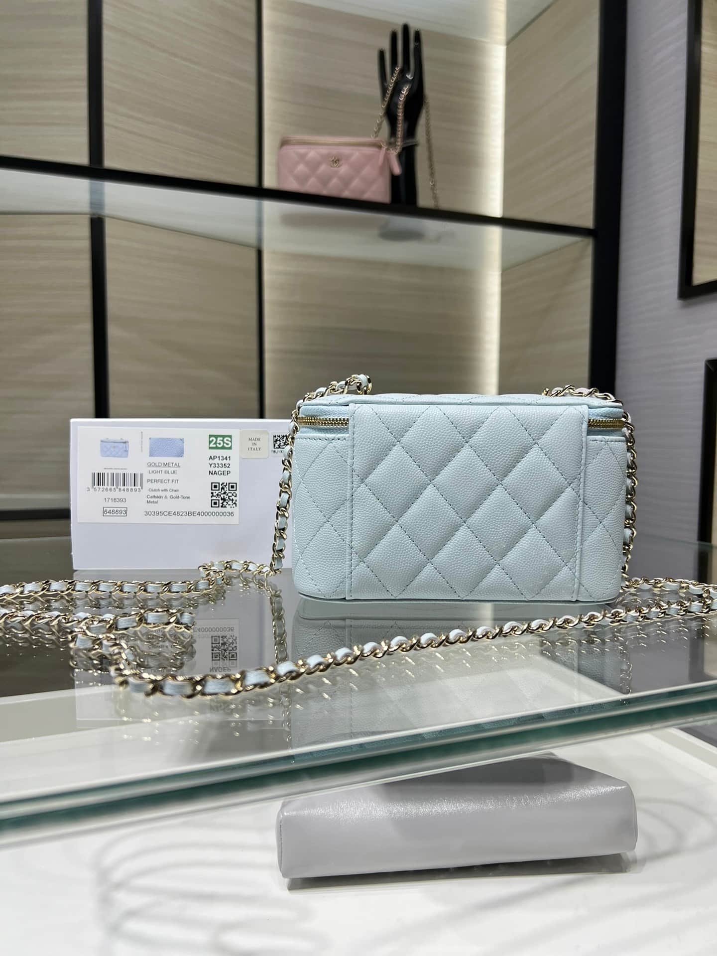 Chanel Classic Long Vanity with Chain Grained Calfskin & Gold-Tone Metal Light Blue AP1341 High