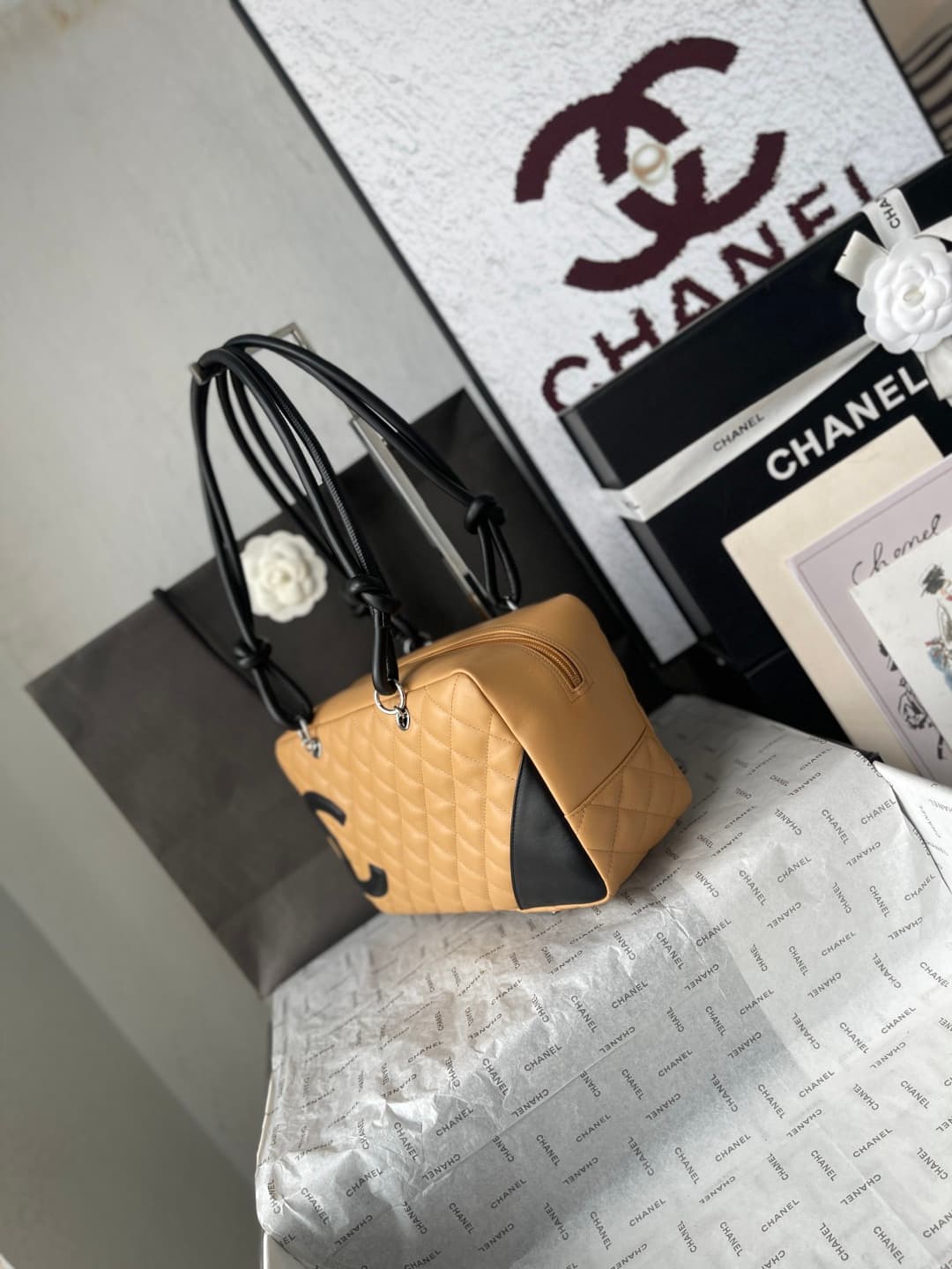 Chanel Cambon Ligne Bowler bag Calfskin & Silver-Tone Metal AS25171 Beige High