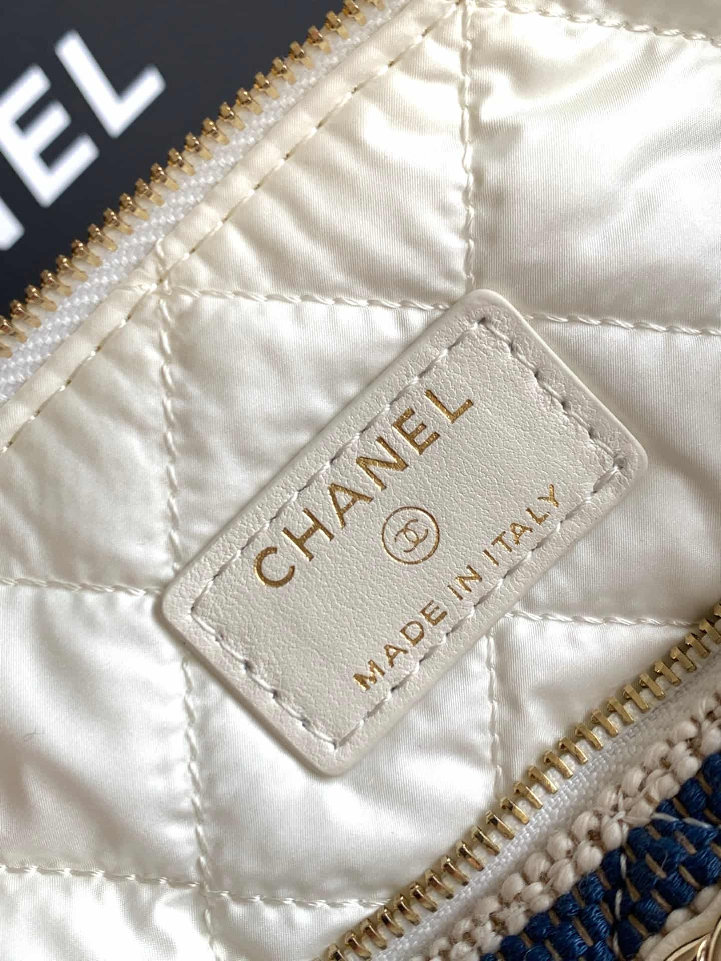 CHANEL Stripe Cosmetic Pouch Bag Printed fabric & Gold-Tone Metal Beige & Light Blue AP4990 A