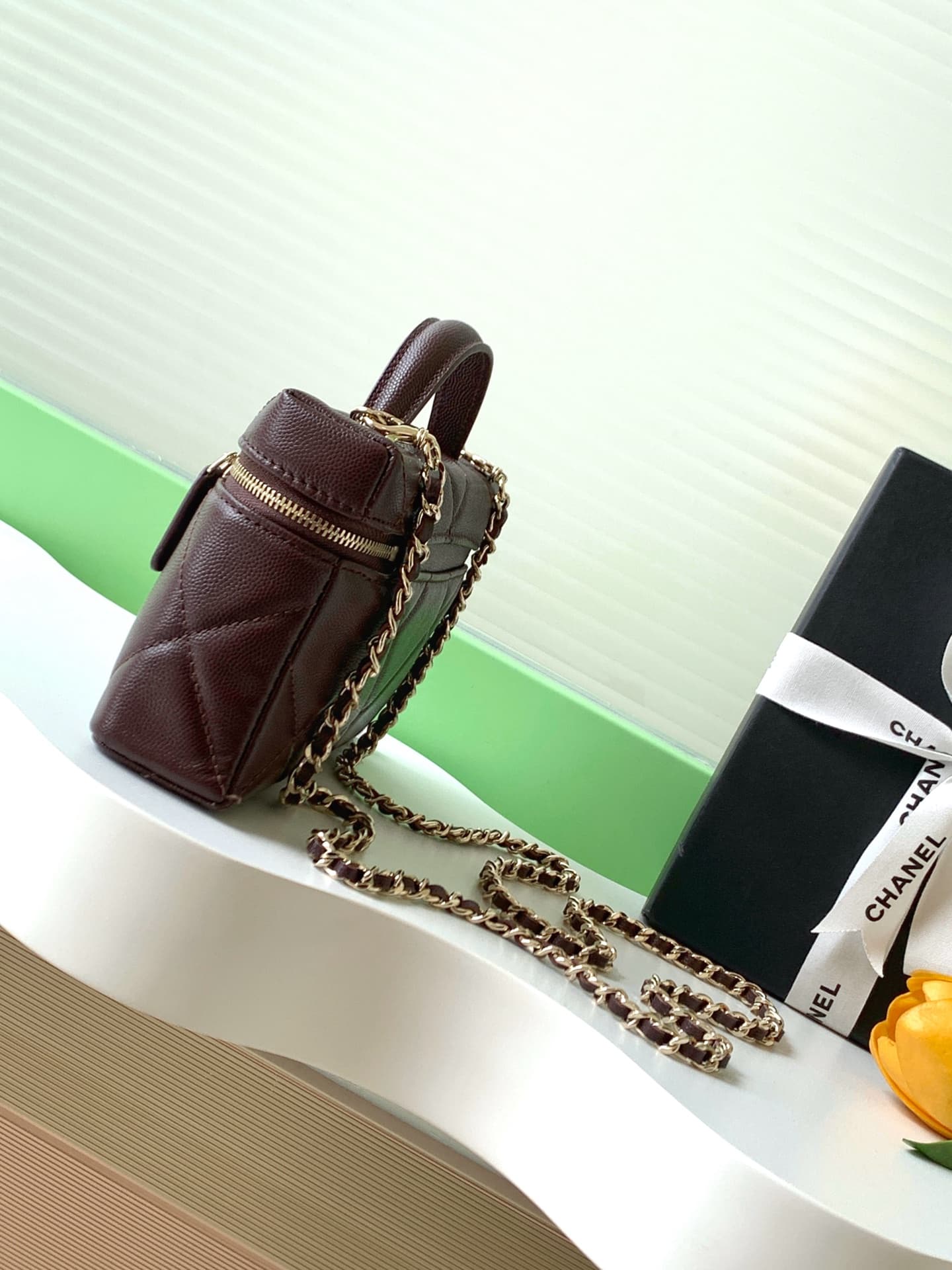 Chanel Vanity with Chain Grained Shiny Calfskin & Gold-Tone Metal Dark Brown AP4936 A