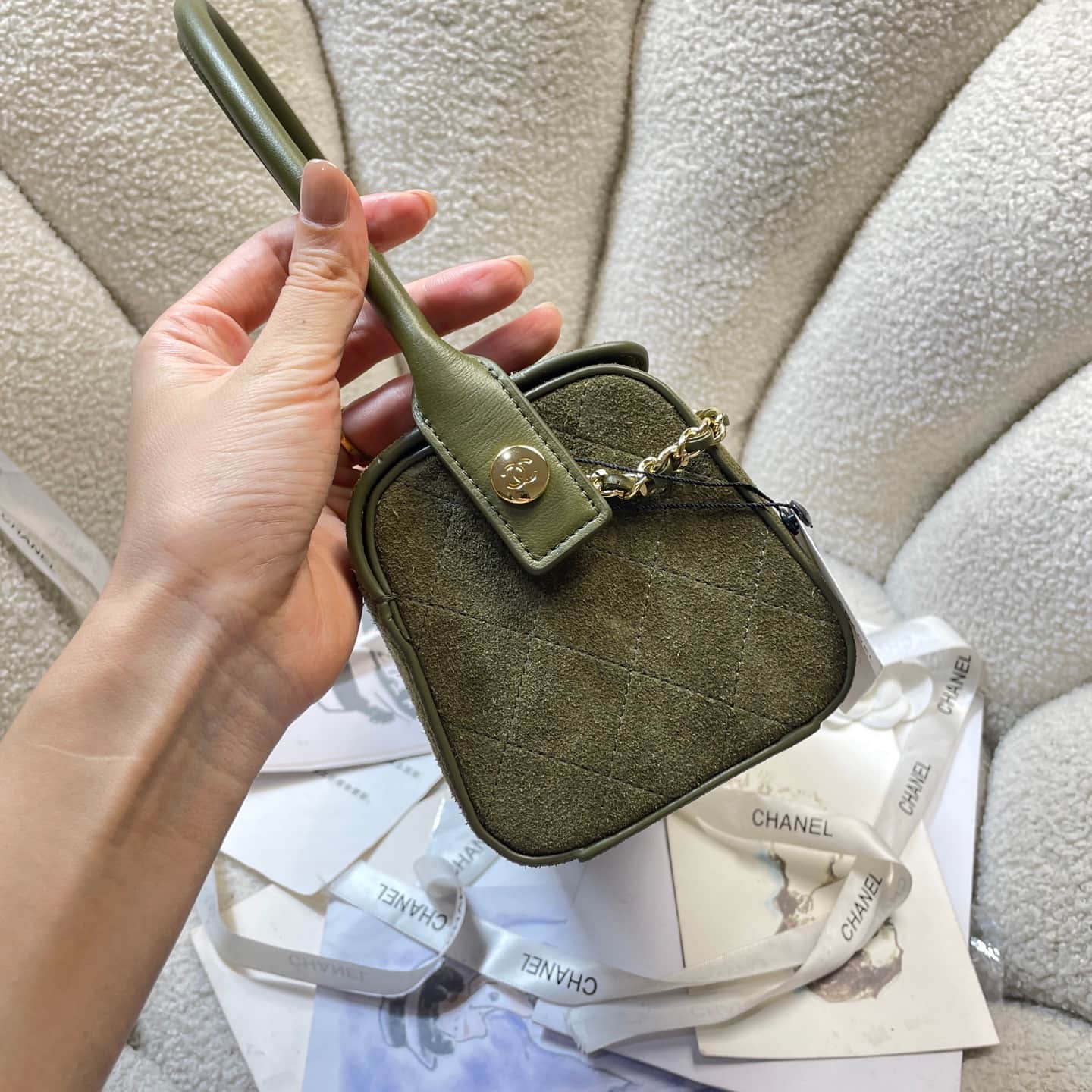 Chanel Clutch with Chain Suede & Gold-Tone Metal AP5294 Khaki Green AP5294 A