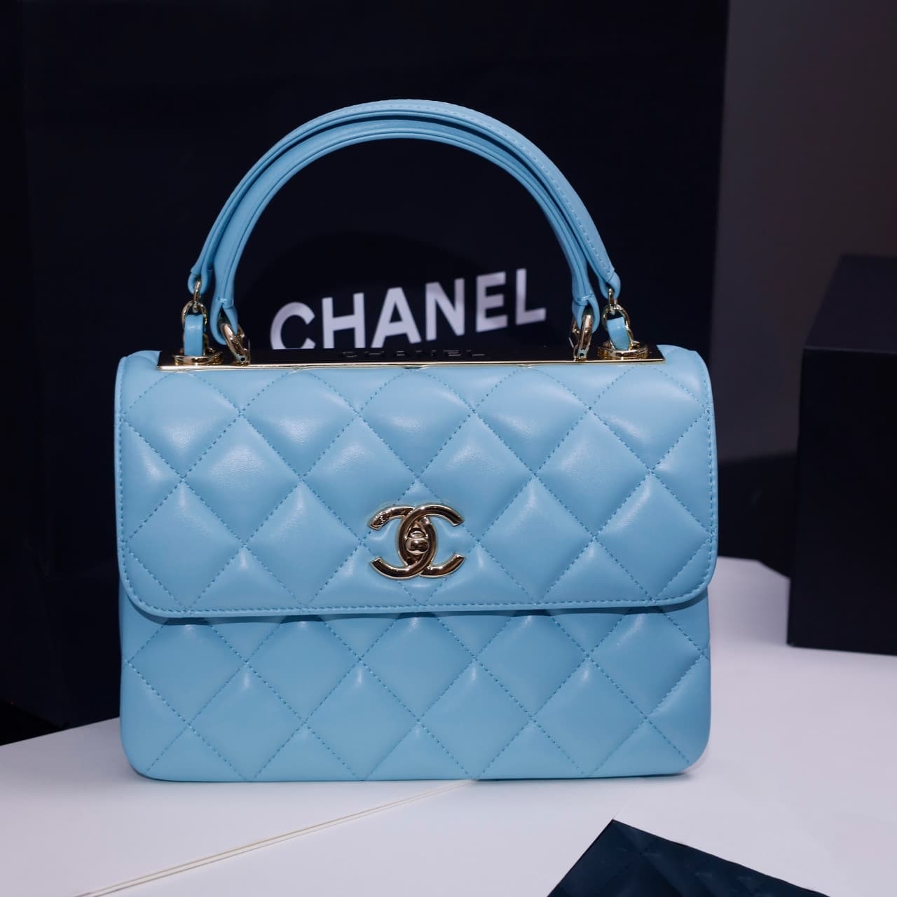 SMALL FLAP BAG WITH TOP HANDLE Lambskin Gold Metal Sky Blue A
