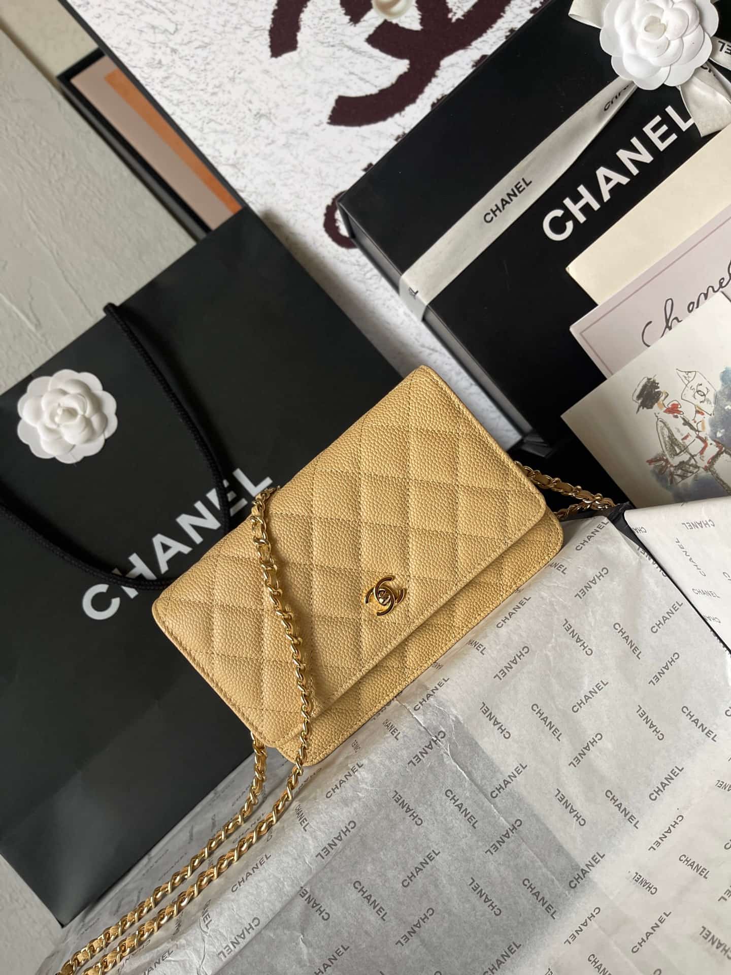 Chanel Classic Wallet on Chain Grained Shiny Calfskin & Gold-Tone Metal AP4241 Beige A