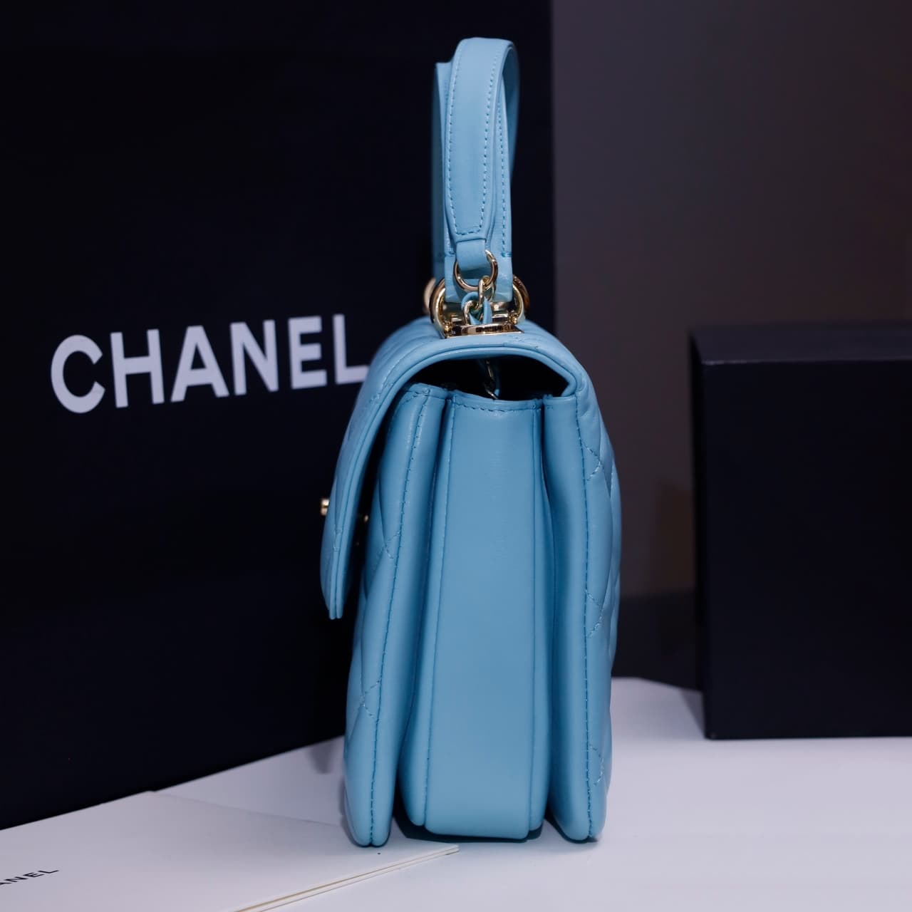 SMALL FLAP BAG WITH TOP HANDLE Lambskin Gold Metal Sky Blue A