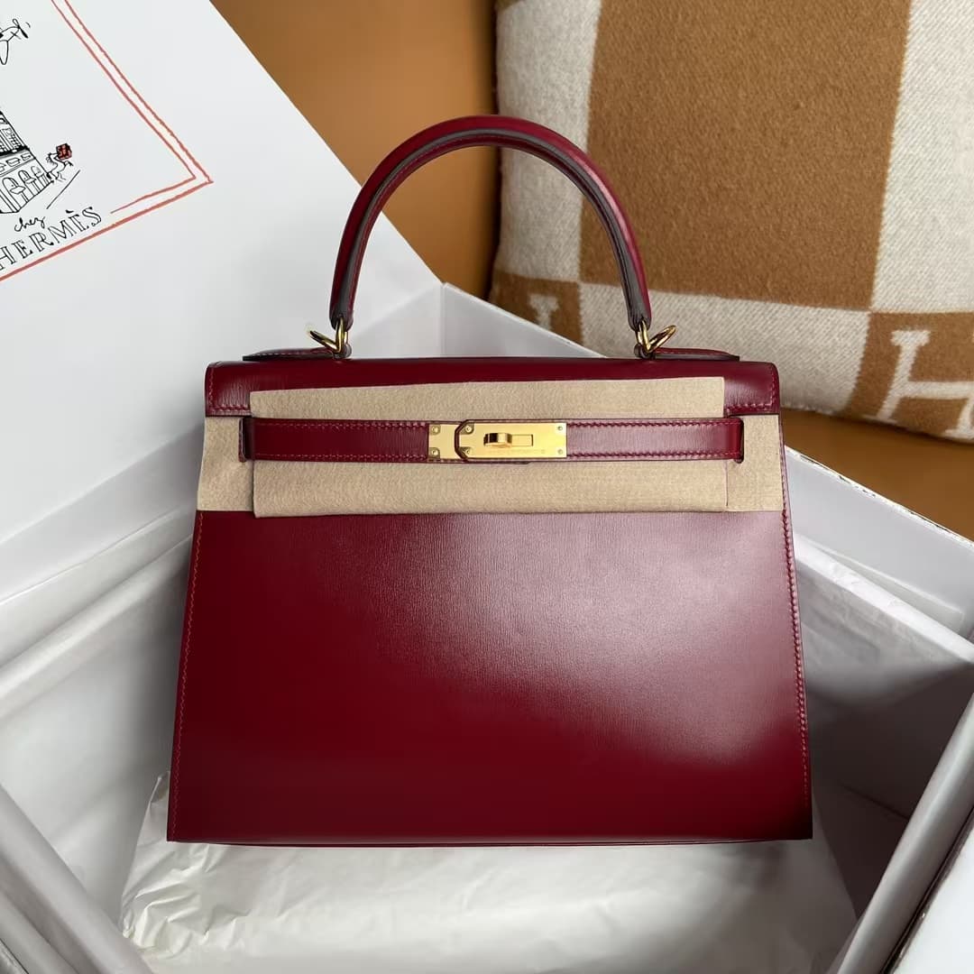 Hermes Kelly 25/28/32cm Sellier Bag Box Leather In Burgundy WAX High Customizing style