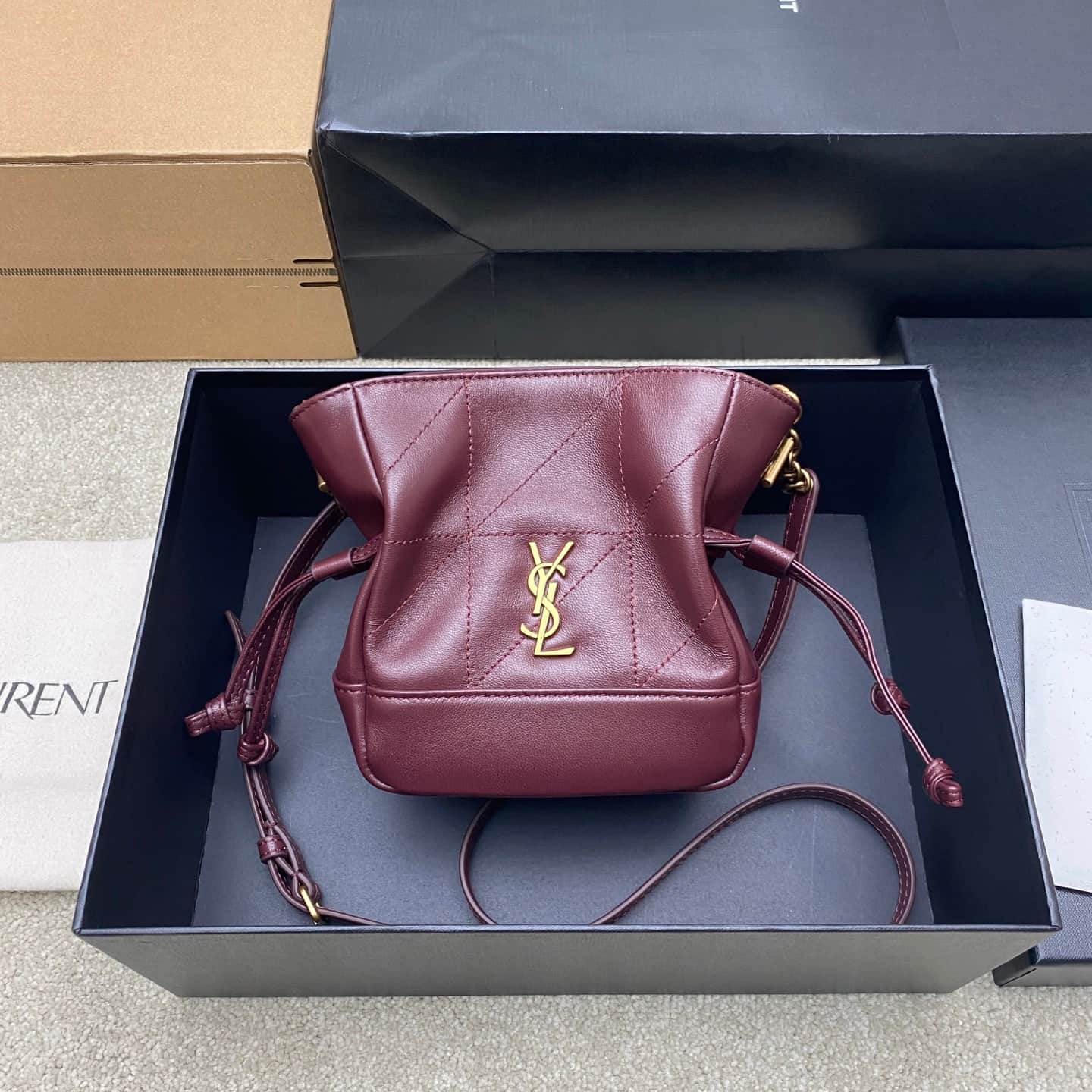Saint Laurent Jamie Mini Leather Bucket Bag Burgundy Lambskin 859174 High