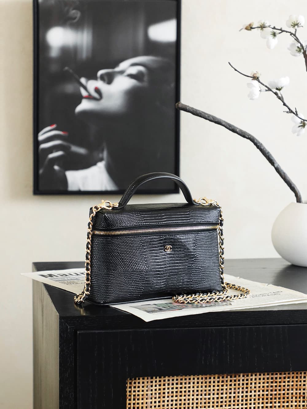 Chanel Small Vanity with chain Lizard Embossed Calfskin & Gold-Tone Metal Black AS5195 A