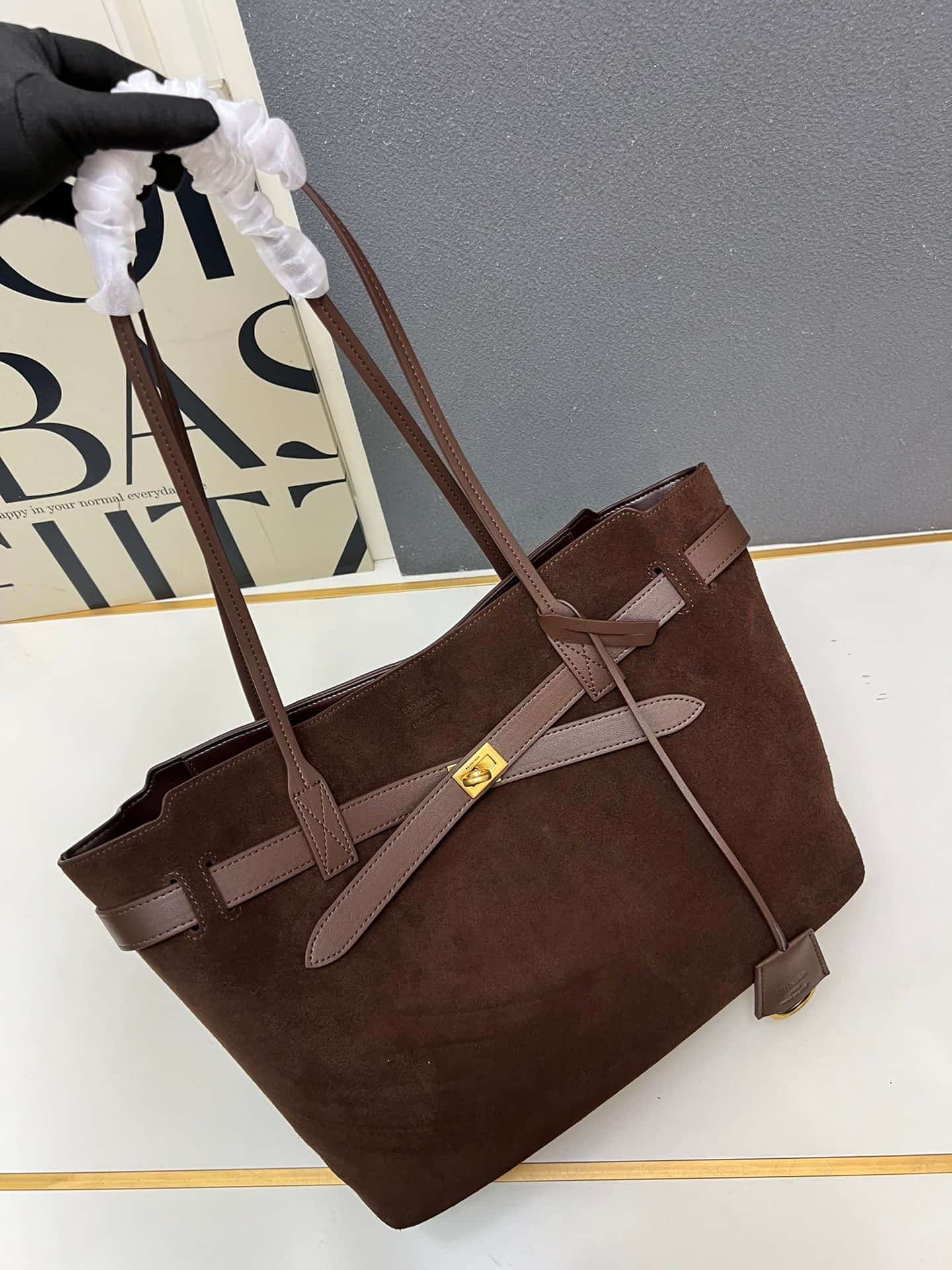 Balenciaga Bel Air Large Waxed Suede Tote Bag in brown gold hardware 1W8807 High
