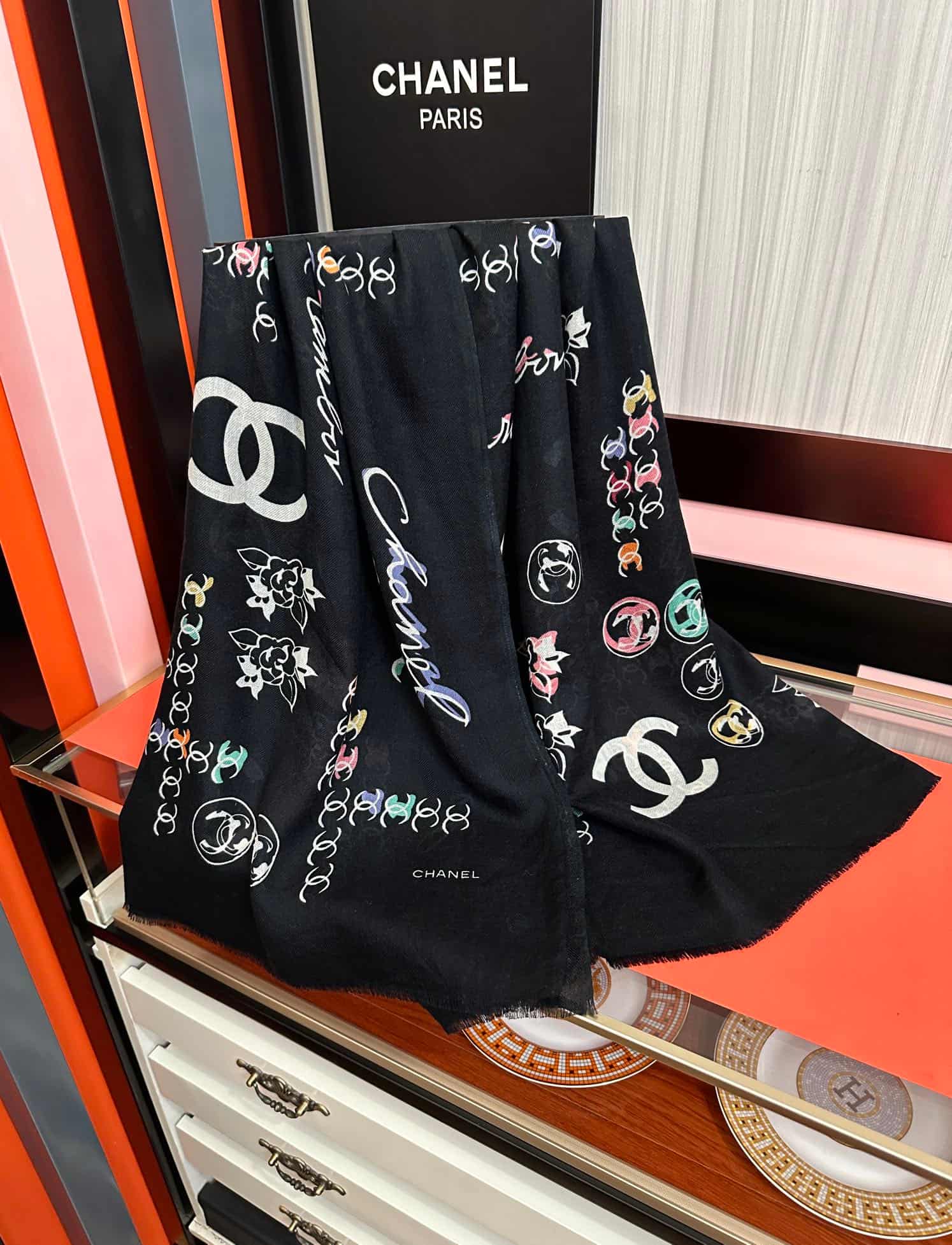 Chanel Silk scarf featuring  Camelia logo and Cambon print