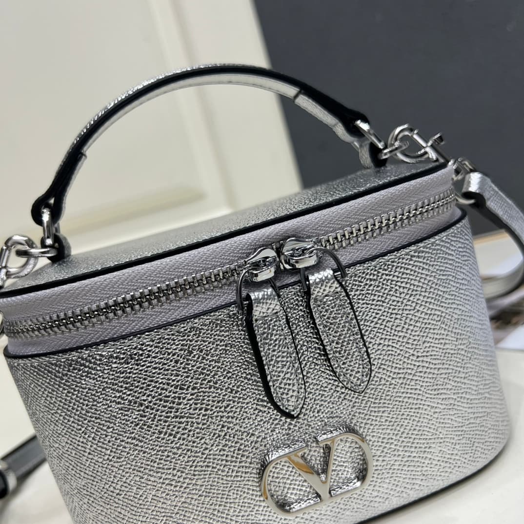 Valentino Garavani VLogo Signature Mini Vanity Bag in Silver Calfskin Mid