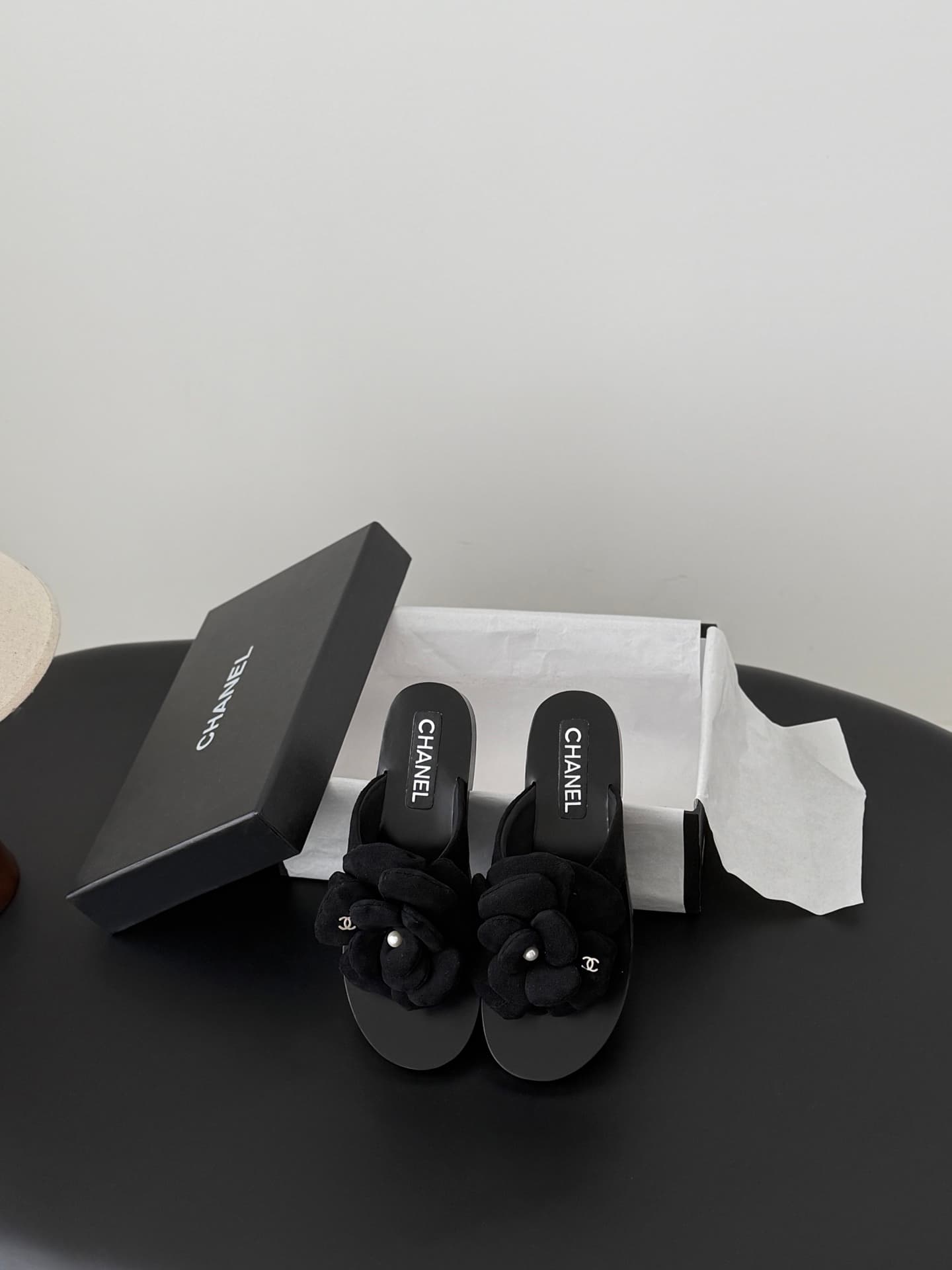 Chanel Camellia suede thong sandals