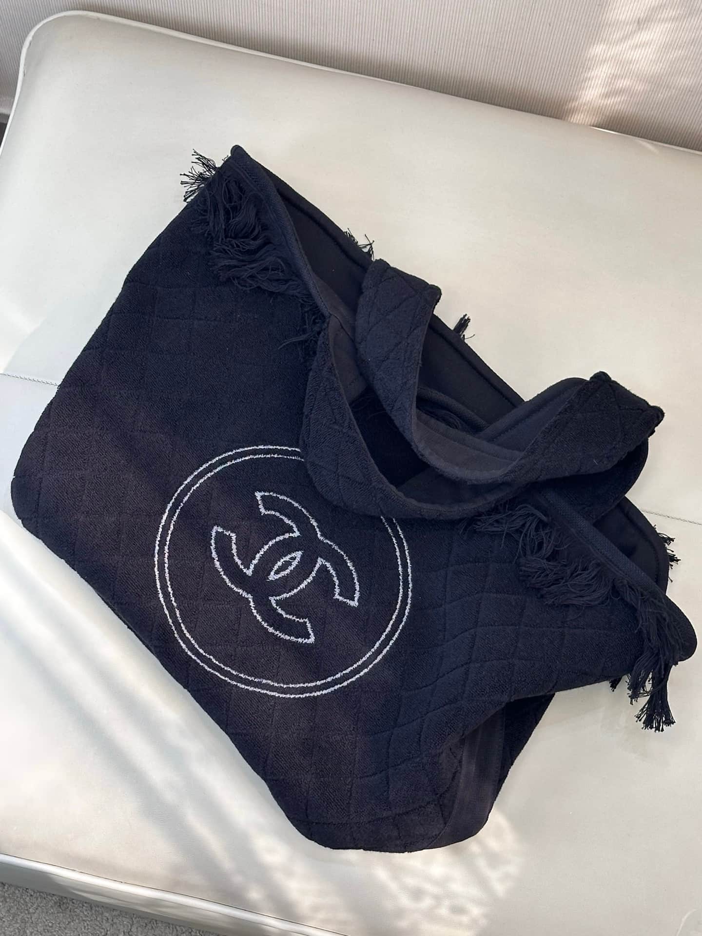 Chanel Beach Hobo Handbag Quilted Black Terry Cloth TOP