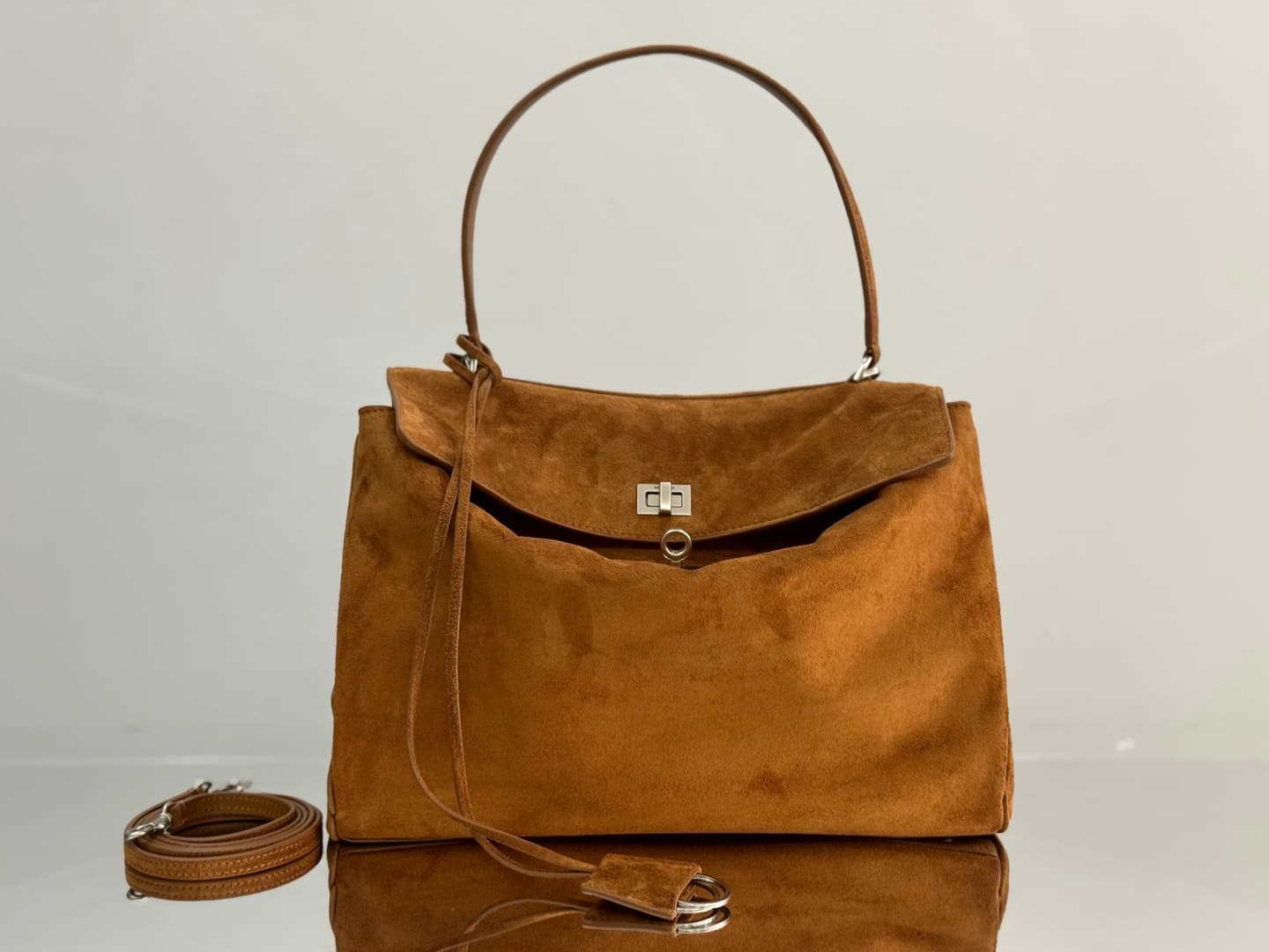 Balenciaga Rodeo Medium Bag in Camel Waxed Suede Calfskin With Silver-Tone Metal TOP