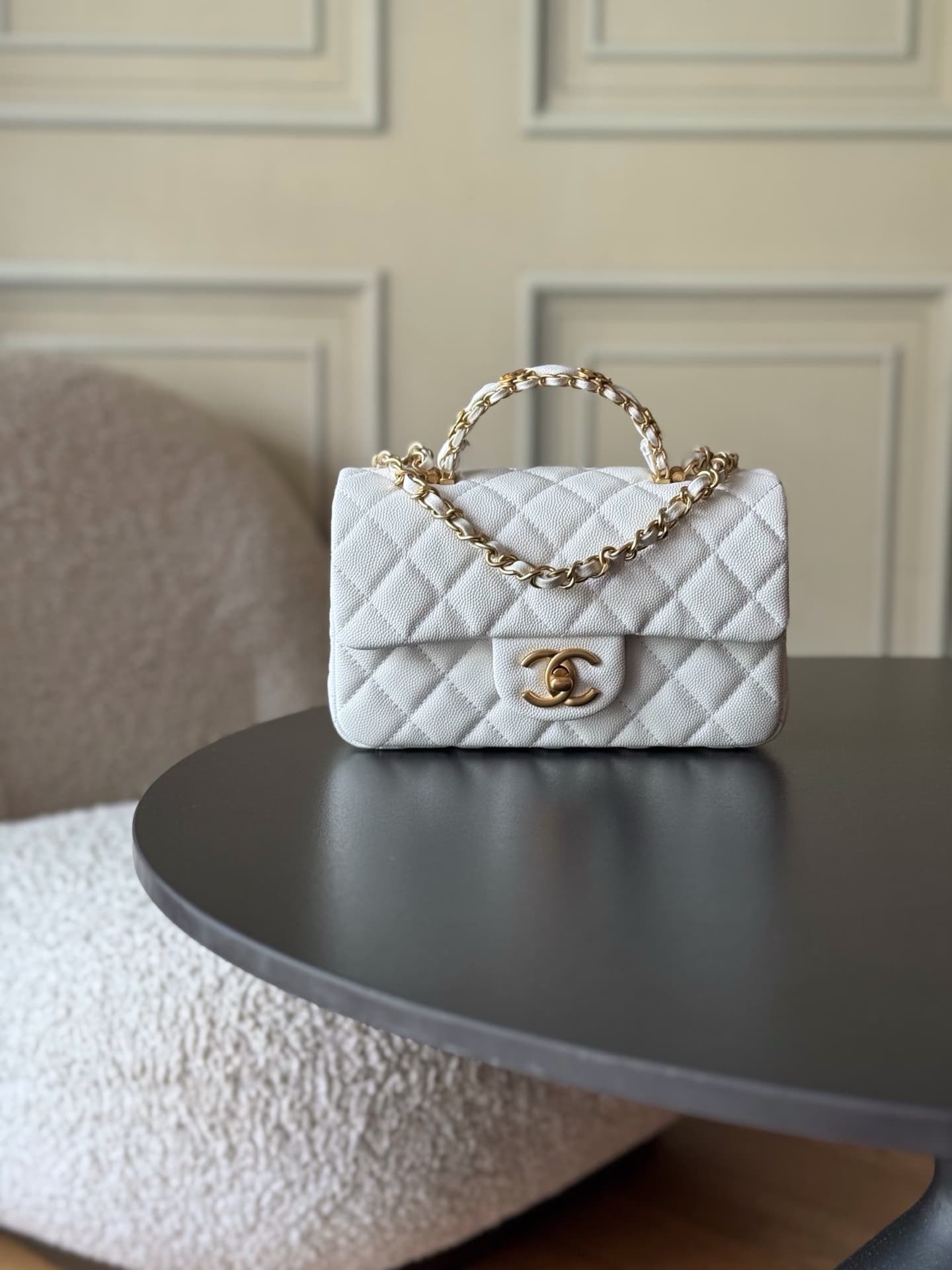 Chanel Mini Flap Bag with Top Handle Grained Shiny Calfskin & Gold-Tone Metal White AS5701 TOP