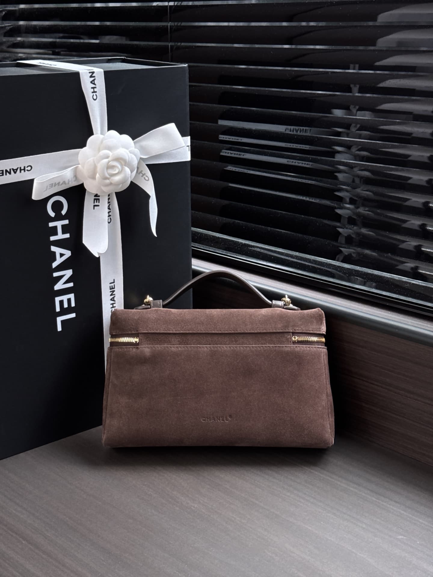 Chanel Large Vanity with Chain Suede Calfskin & Gold Metal Dark Brown AP5347 A