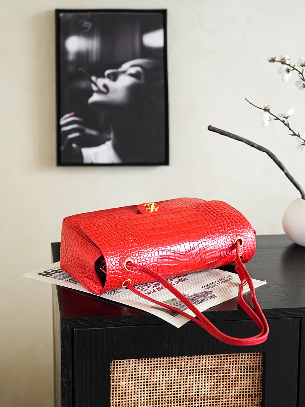 Chanel Maxi Flapbag Crocodile Embossed Calfskin& Gold-Tone Metal Red AS6231 A