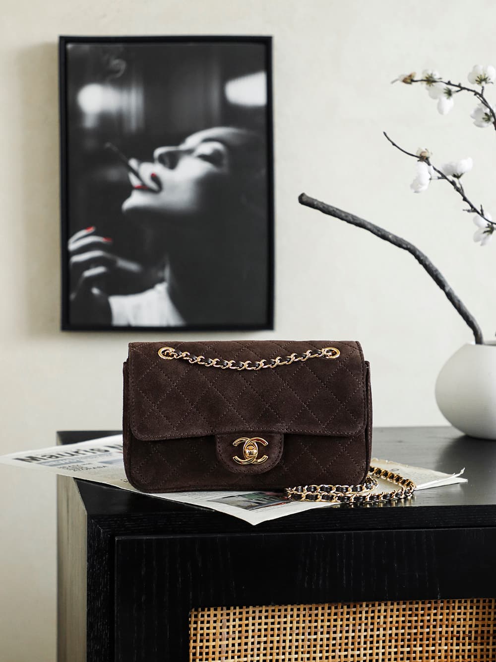Chanel Maxi Flap bag Suede Calfskin & Gold-Tone Metal Dark Brown AS6627 A