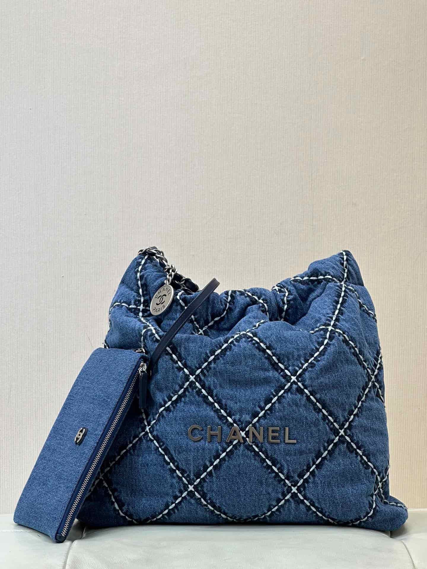 Chanel 22 Small handbag Washed denim studs & silver-tone metal AS3260 Blue TOP