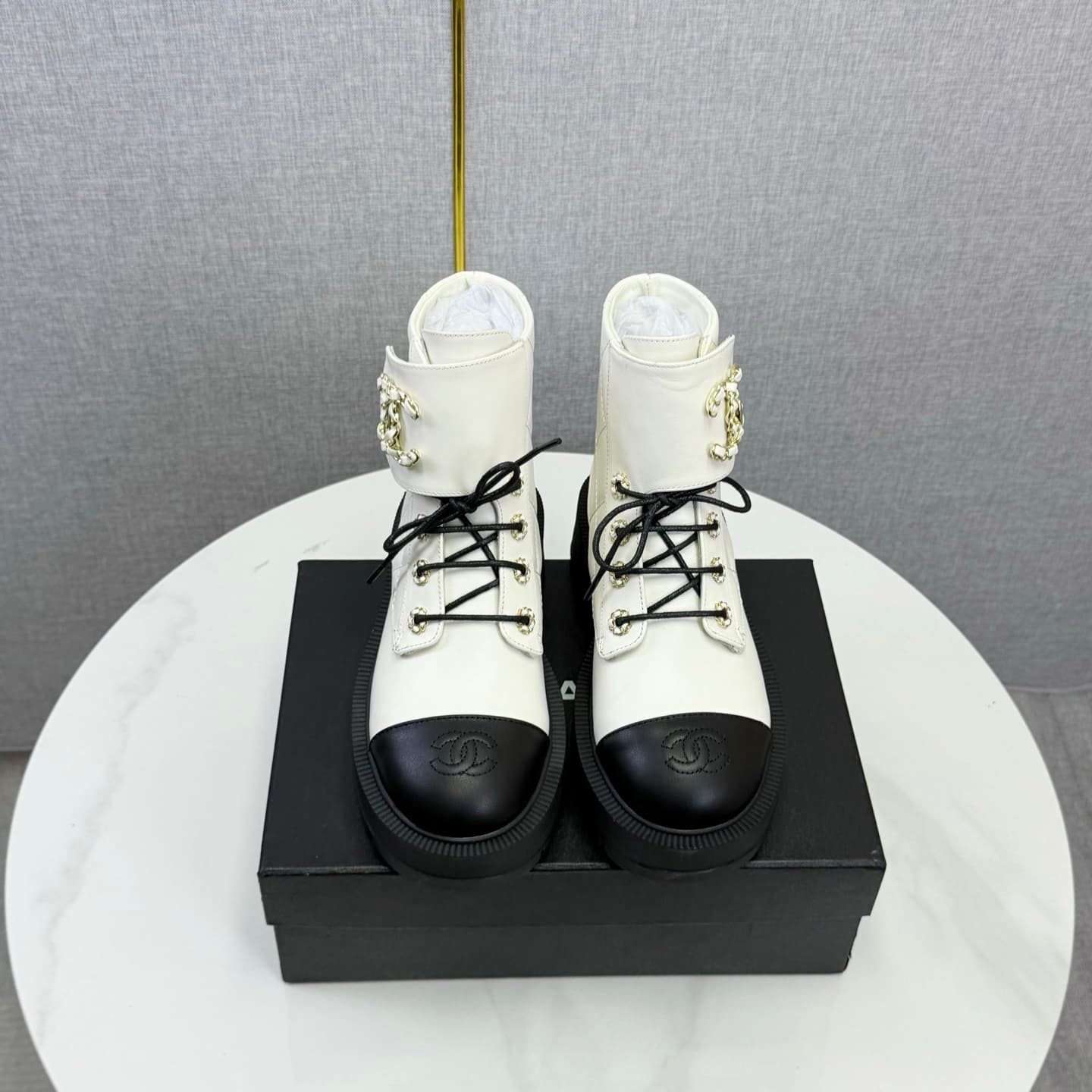 Chanel Shiny Calfskin Quilted Lace Up Combat Boots Shoes Women