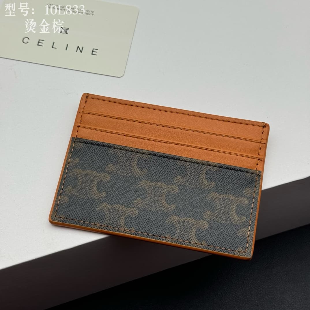 Celine Triomphe Canvas and Calfskin card holder in Caramel High
