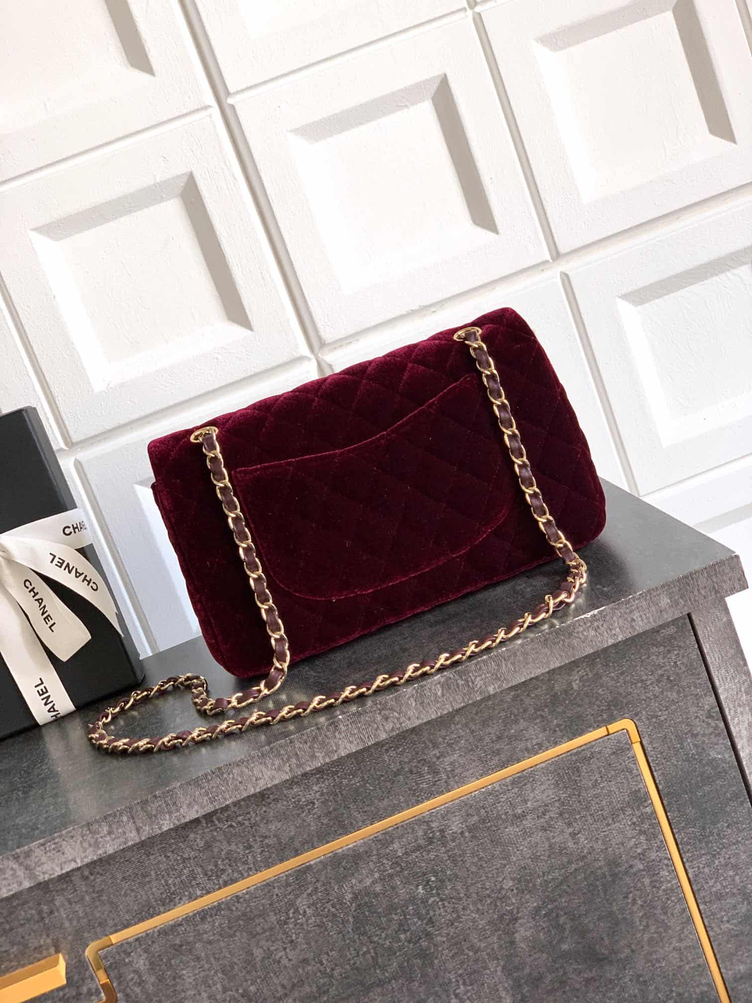 Chanel Medium CLASSIC HANDBAG Velvet  & Gold-Tone Metal Dark Brown A