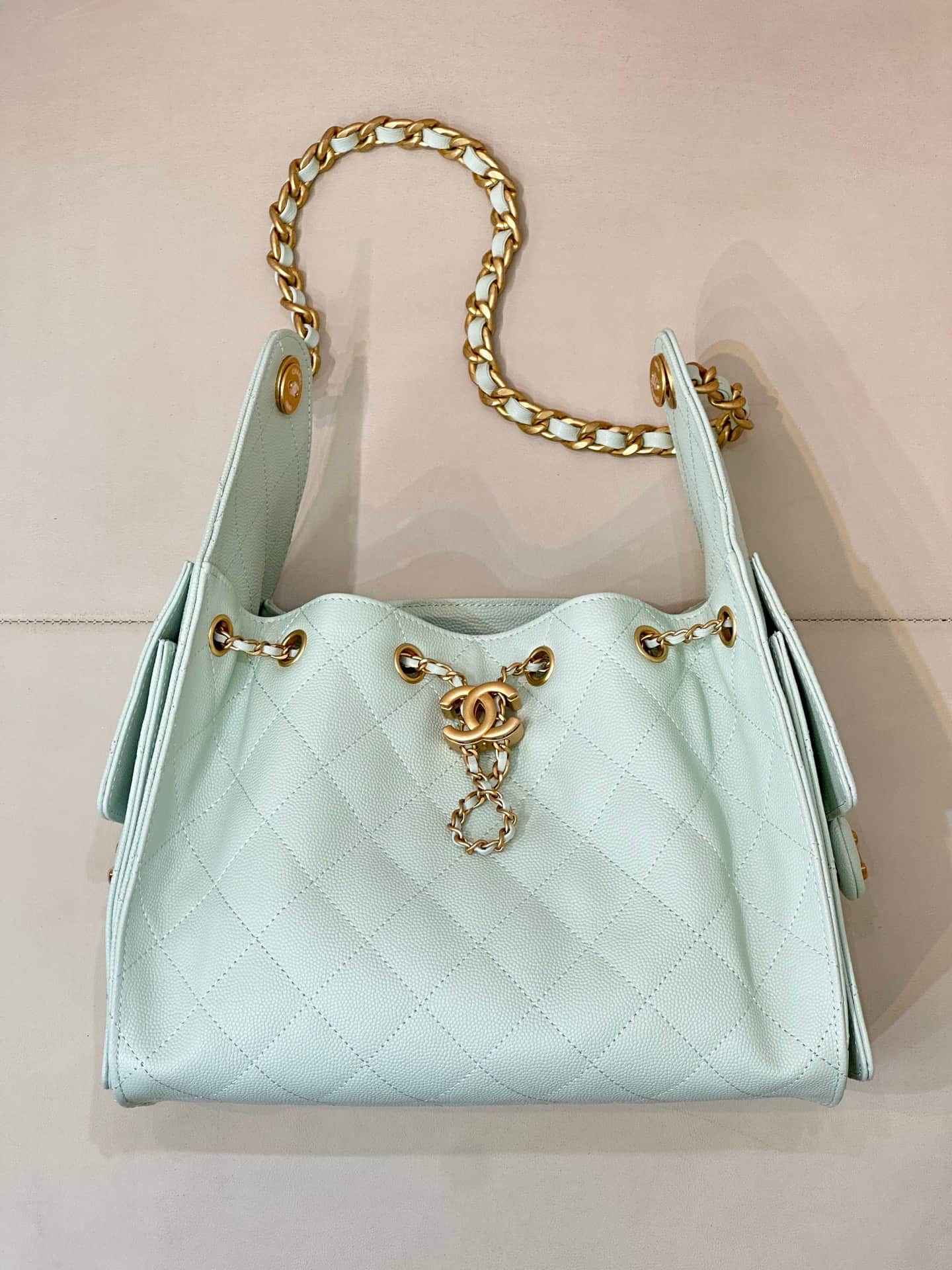 Chanel 25 Small Hobo handbag AS5293 Grained Calfskin & Gold-tone Metal Light Blue TOP