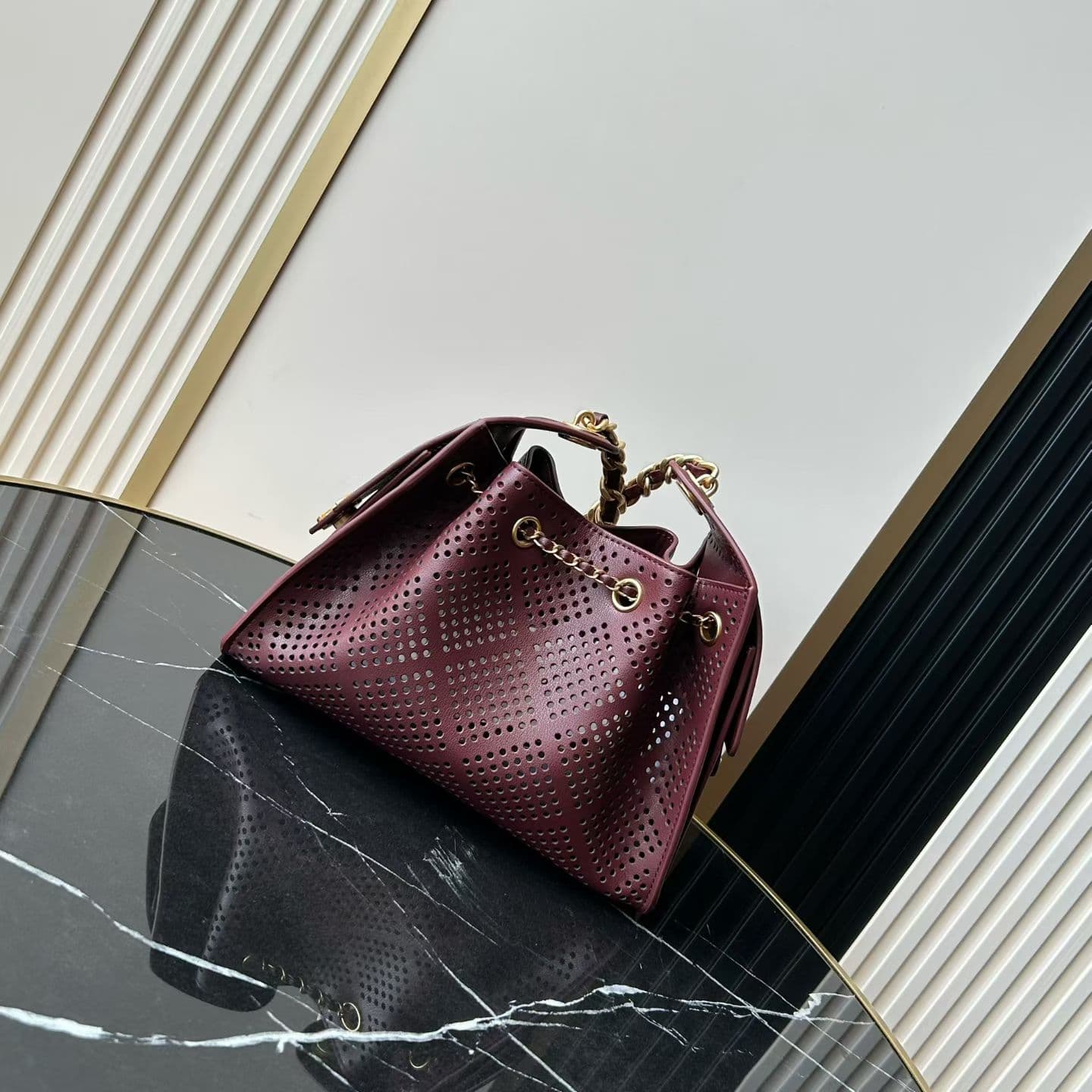 CHANEL 25 Mini Handbag Perforated Calfskin & Gold-Tone Metal Burgundy AS5631 A