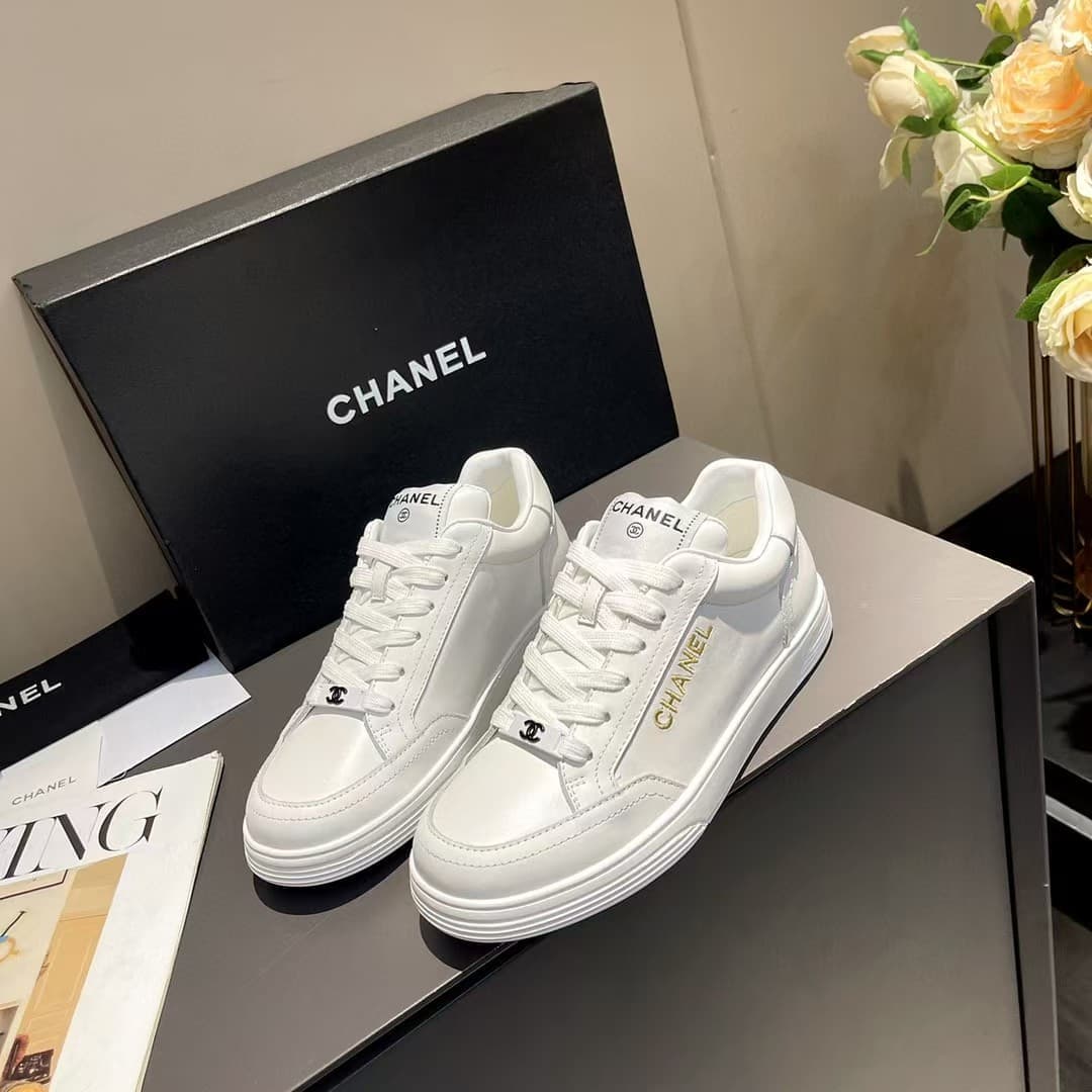 Chanel white leather sneaker shoes