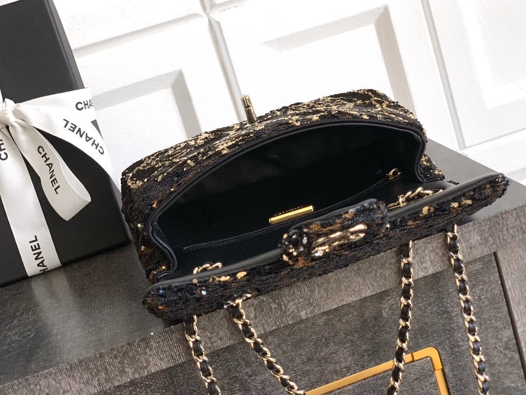 Chanel Classic Mini Flap Bag Sequins With Camellia Motif  & Gold-Tone Metal Black 6171 A