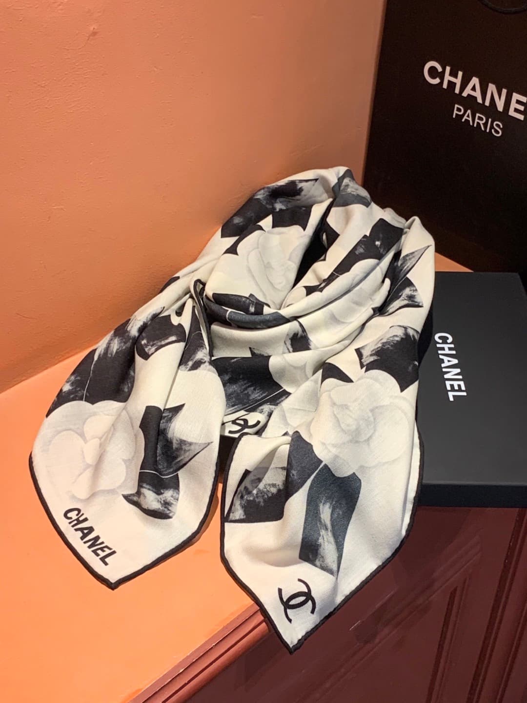 Chanel camellia and ribbon print scarf