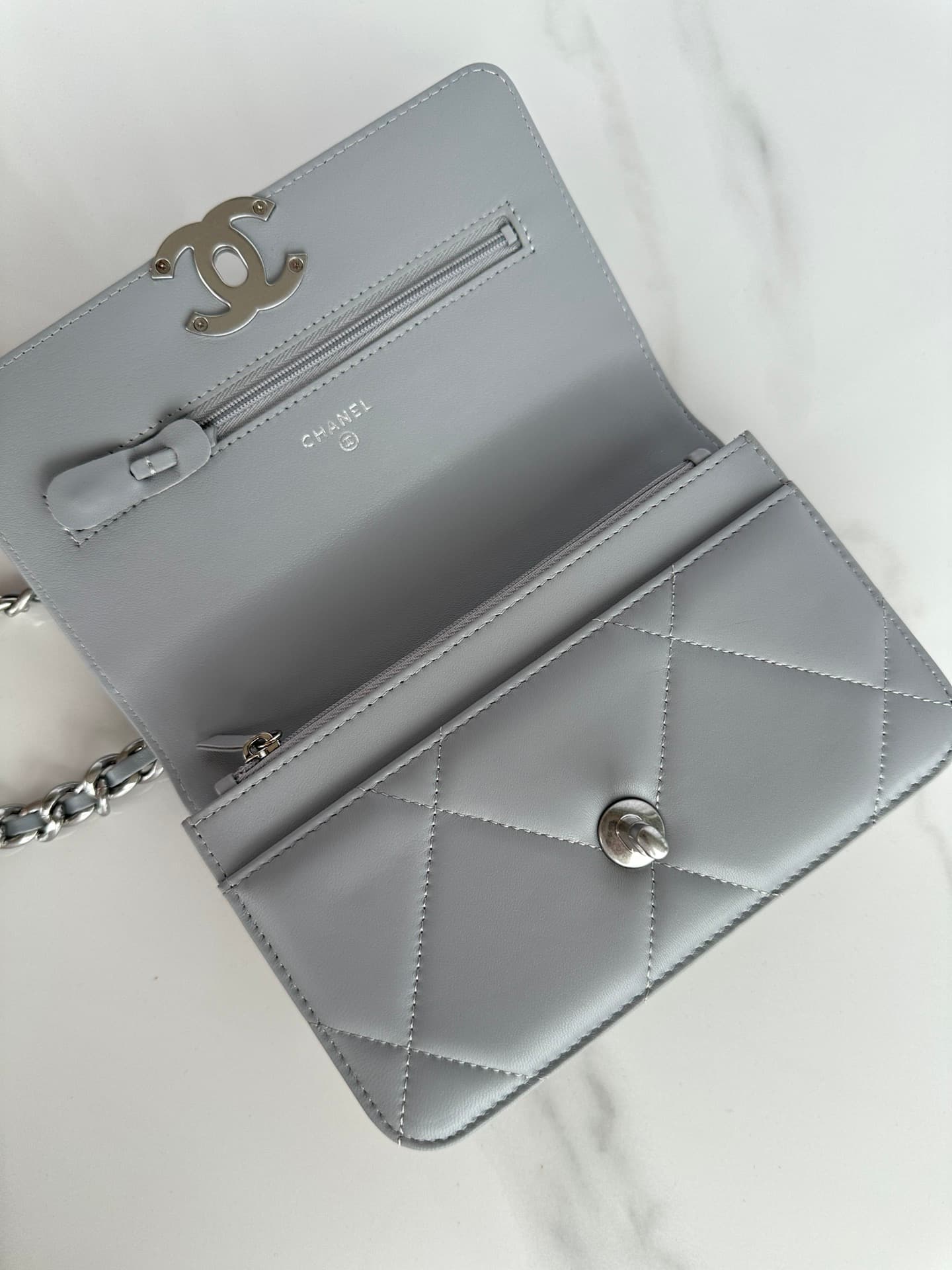 Chanel Wallet on Chain Lambskin Leather & Silver-Tone Metal Grey AP0957 A