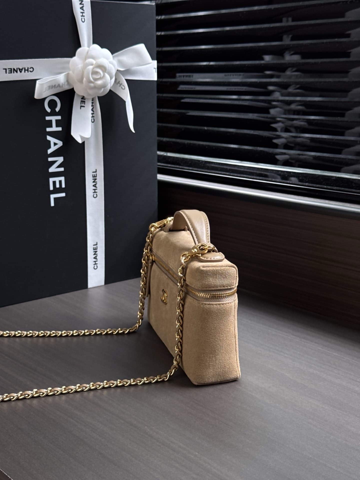 Chanel Small Vanity with Chain Suede Calfskin & Gold Metal Beige AP5346 A