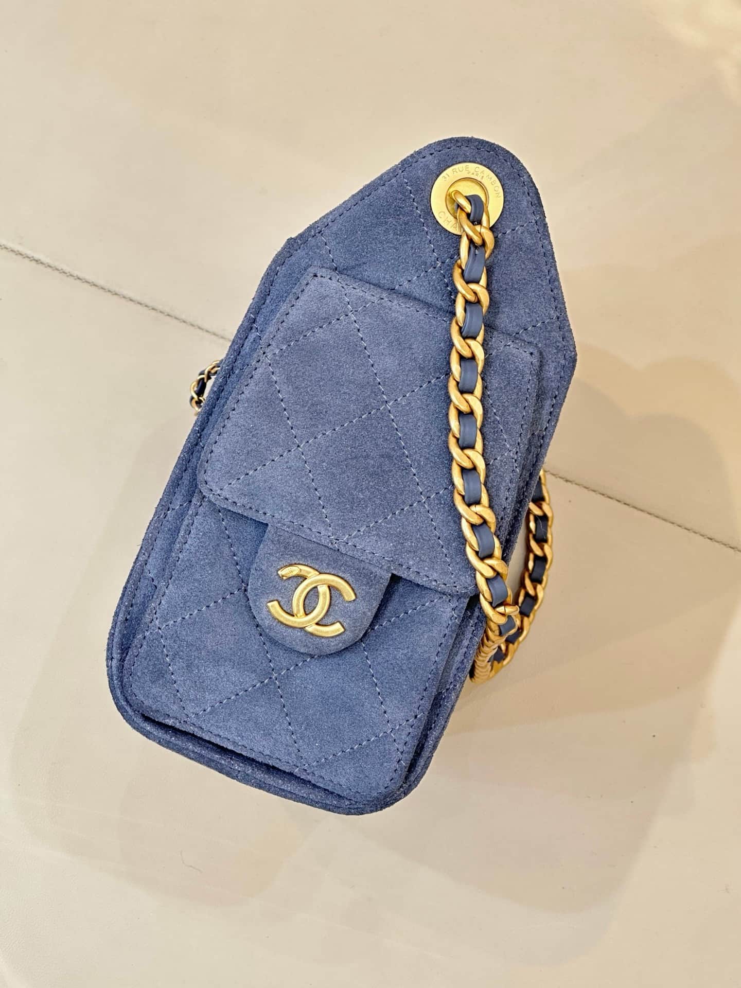 CHANEL 25 Mini Handbag AS5631 Suede &Gold-tone Metal Drak Blue TOP