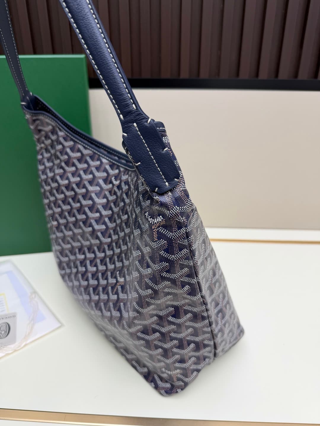 Goyard Bohème Navy Blue Hobo Bag Chevron Canvas and White Painted Mascot High