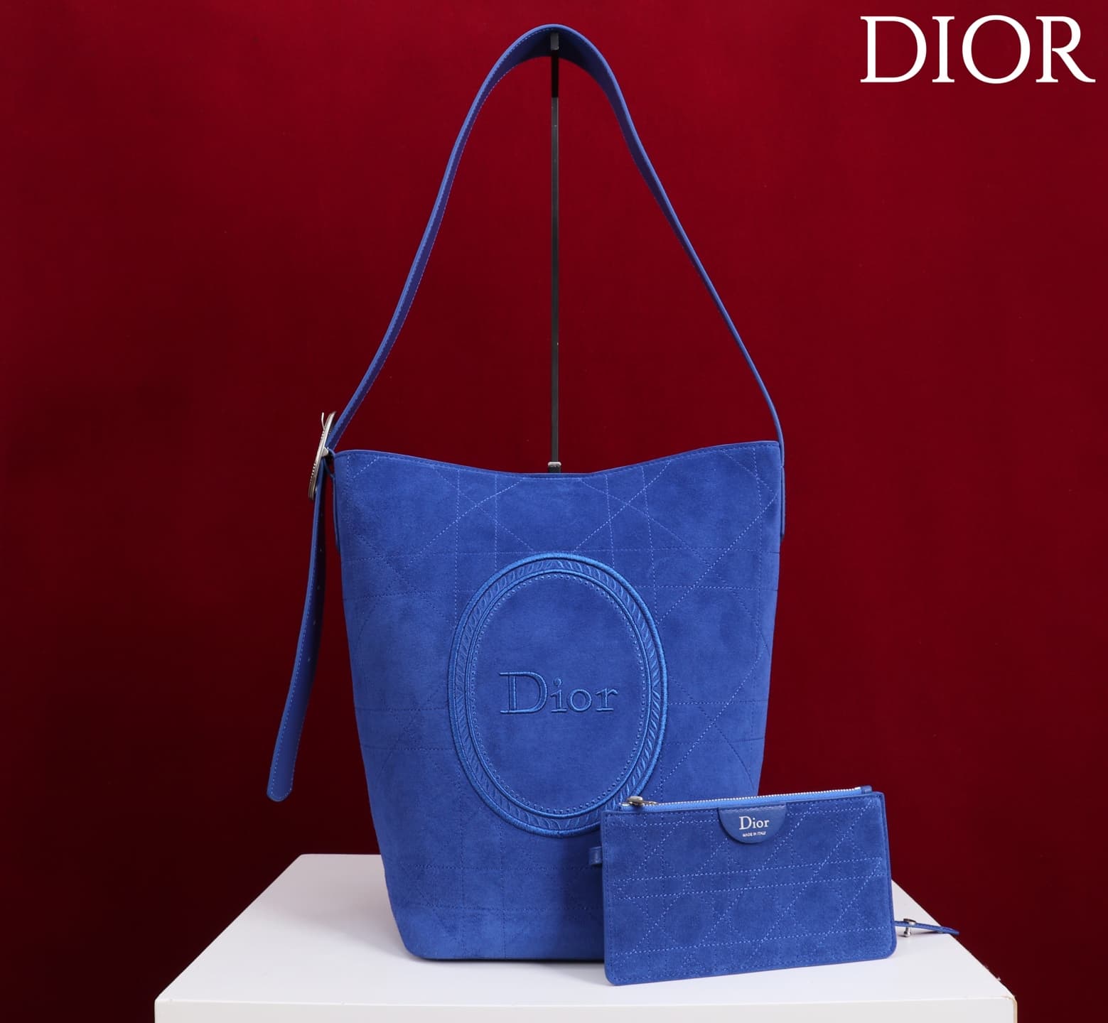 Dior Macrocannage Blue Suede Leather Medium Bucket Bag High