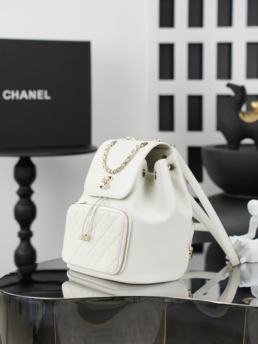 Chanel Small Business Affinity Duma Backpack Grained Calfskin&Gold-Tone Metal White AS3531 A