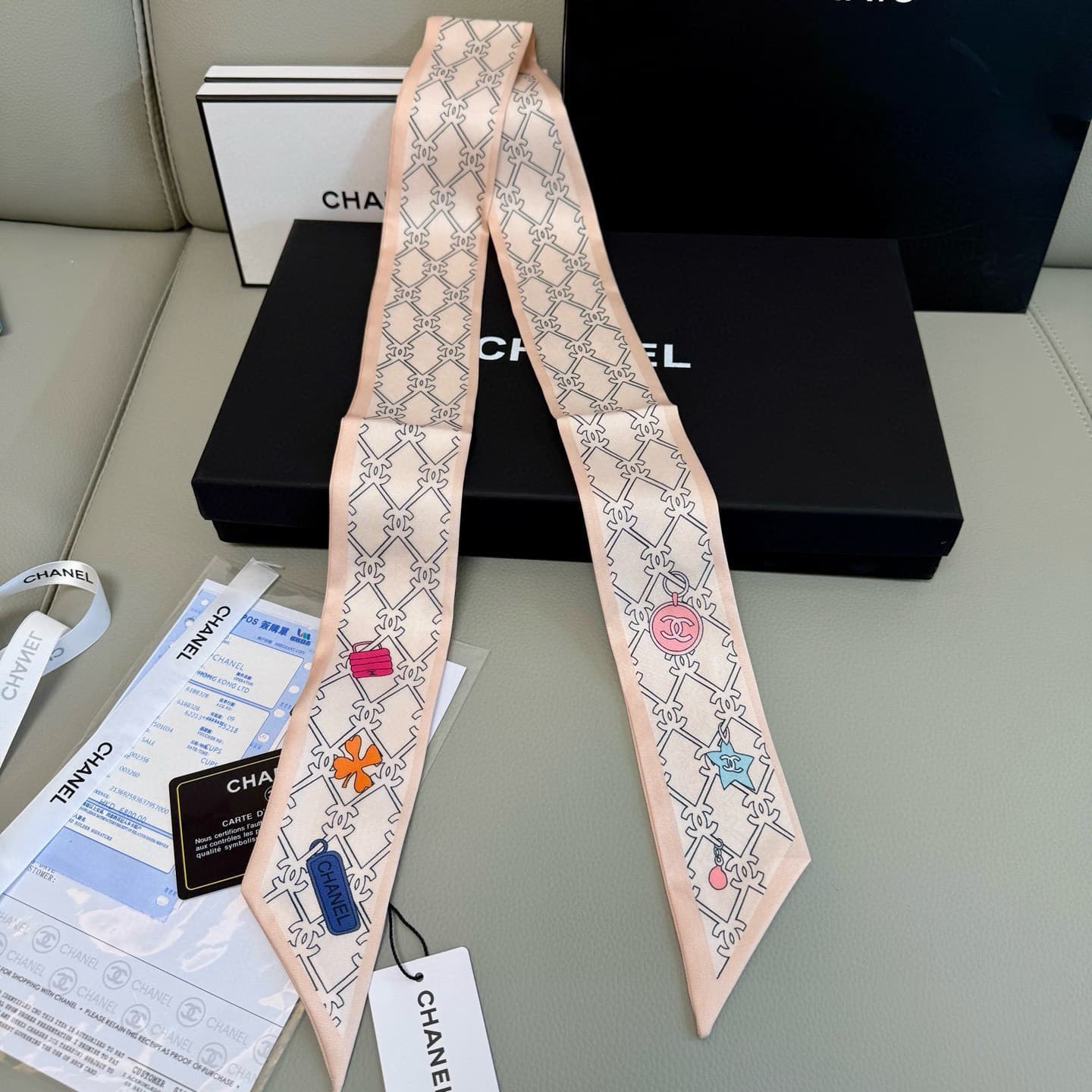 Chanel Pink Lucky Charm Silk Twilly Bandeau Scarf