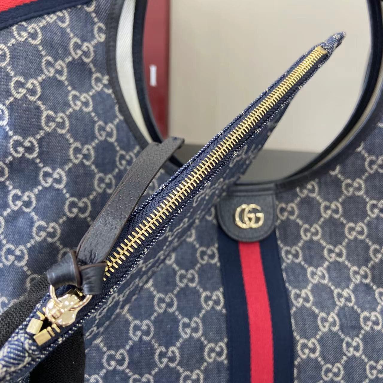 Gucci Giglio large tote bag blue and white GG denim 853971 High