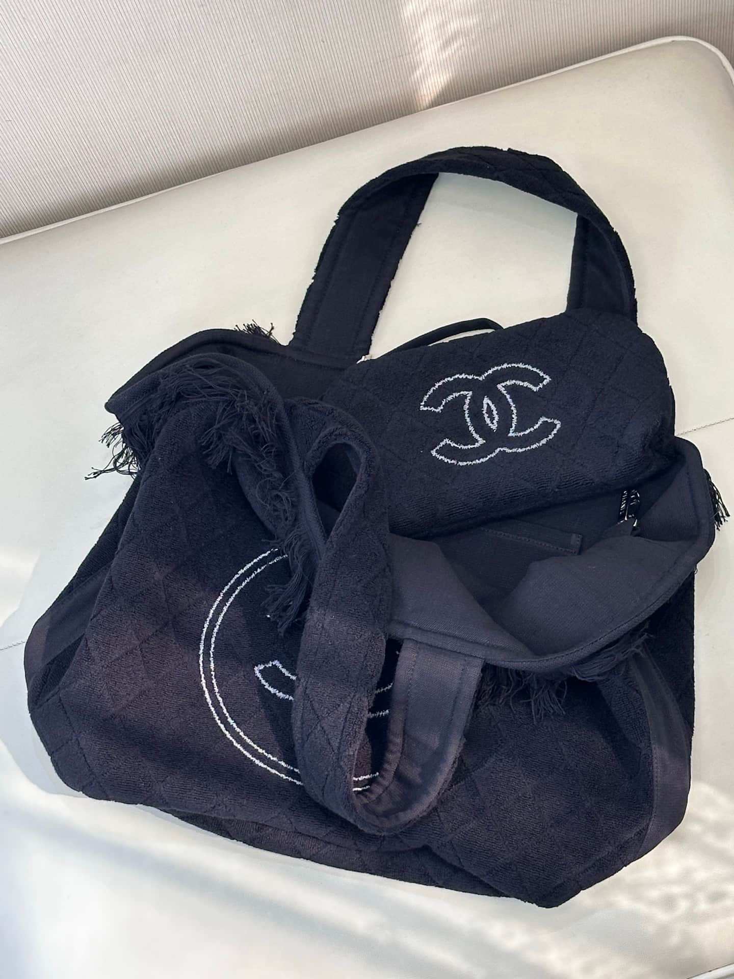 Chanel Beach Hobo Handbag Quilted Black Terry Cloth TOP