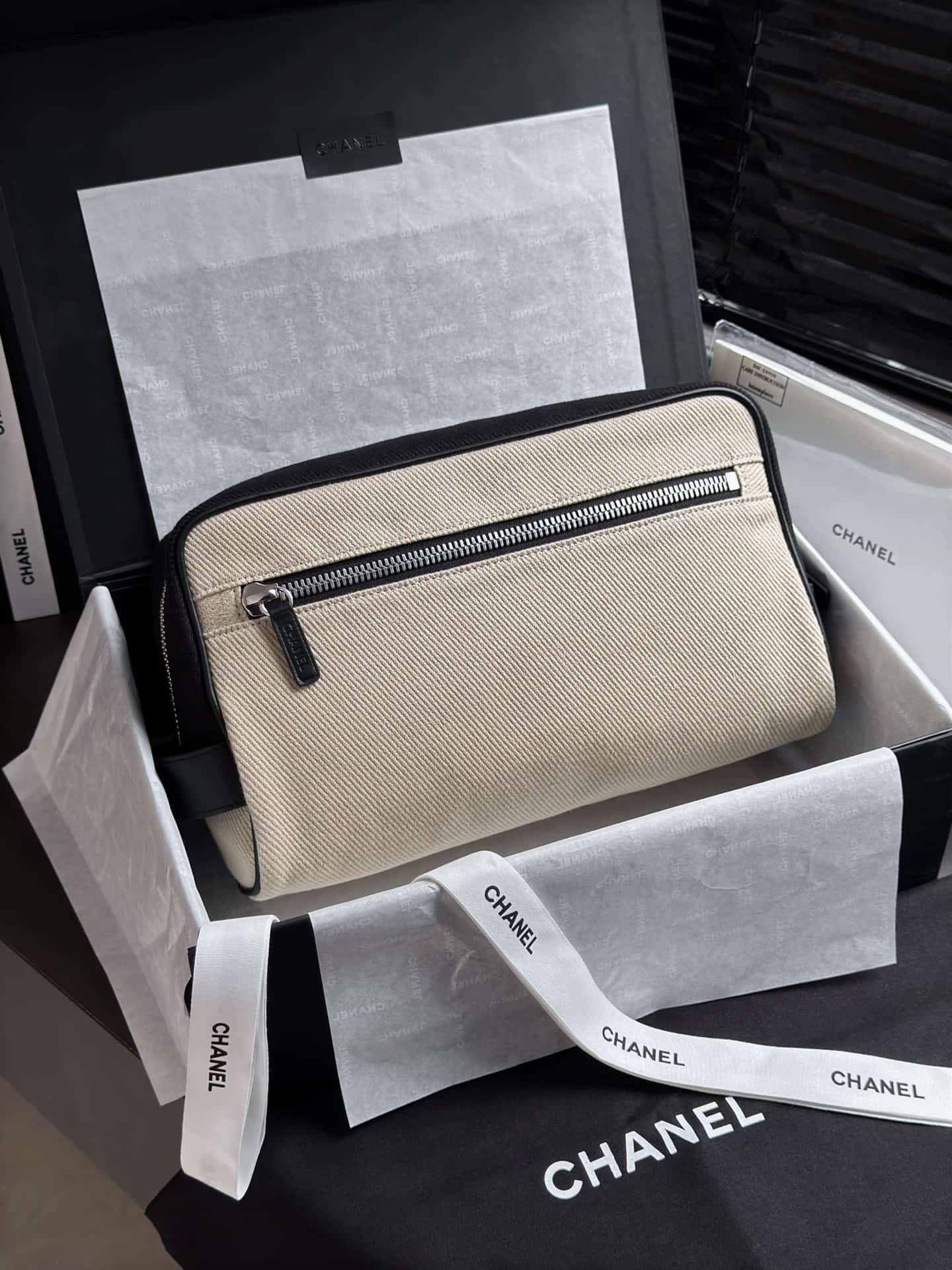 Chanel Large Zipped Pouch Canvas Calfskin & Silver-Tone Metal AP5267 Beige A