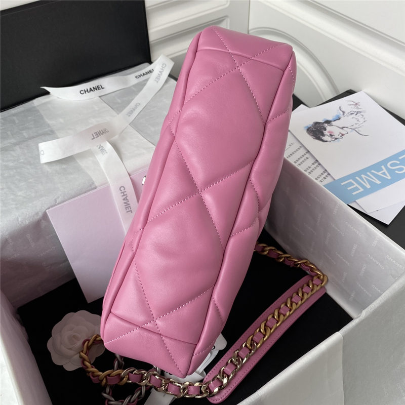 Large Chanel 19 Flap Bag Lambskin Dark Pink Silver High