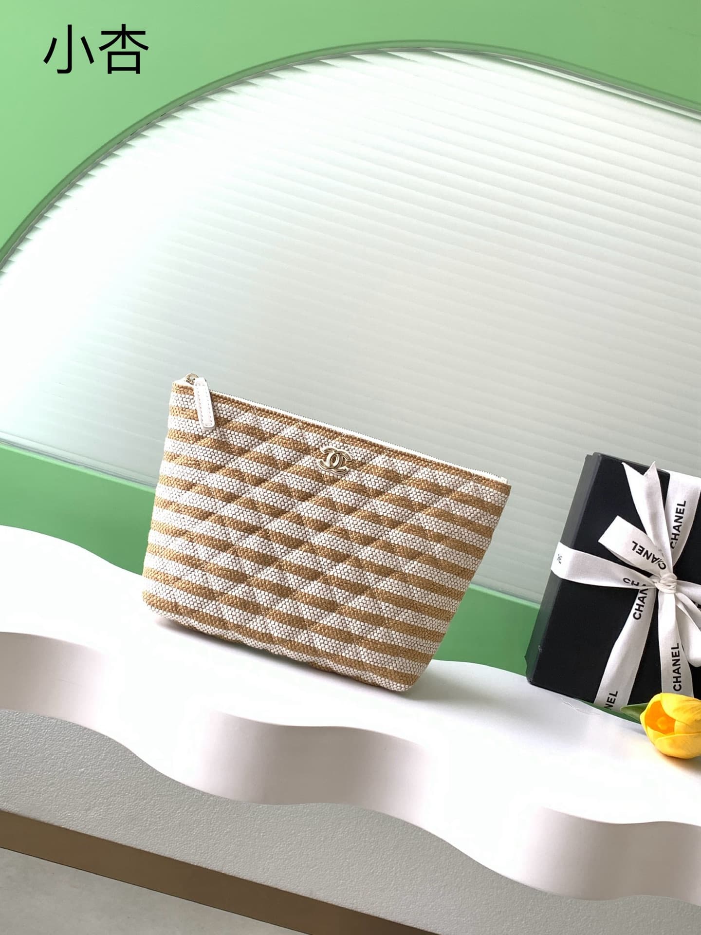 Chanel Zipped Case Printed Fabric & Gold-Tone Metal Beige & White AS4989 A