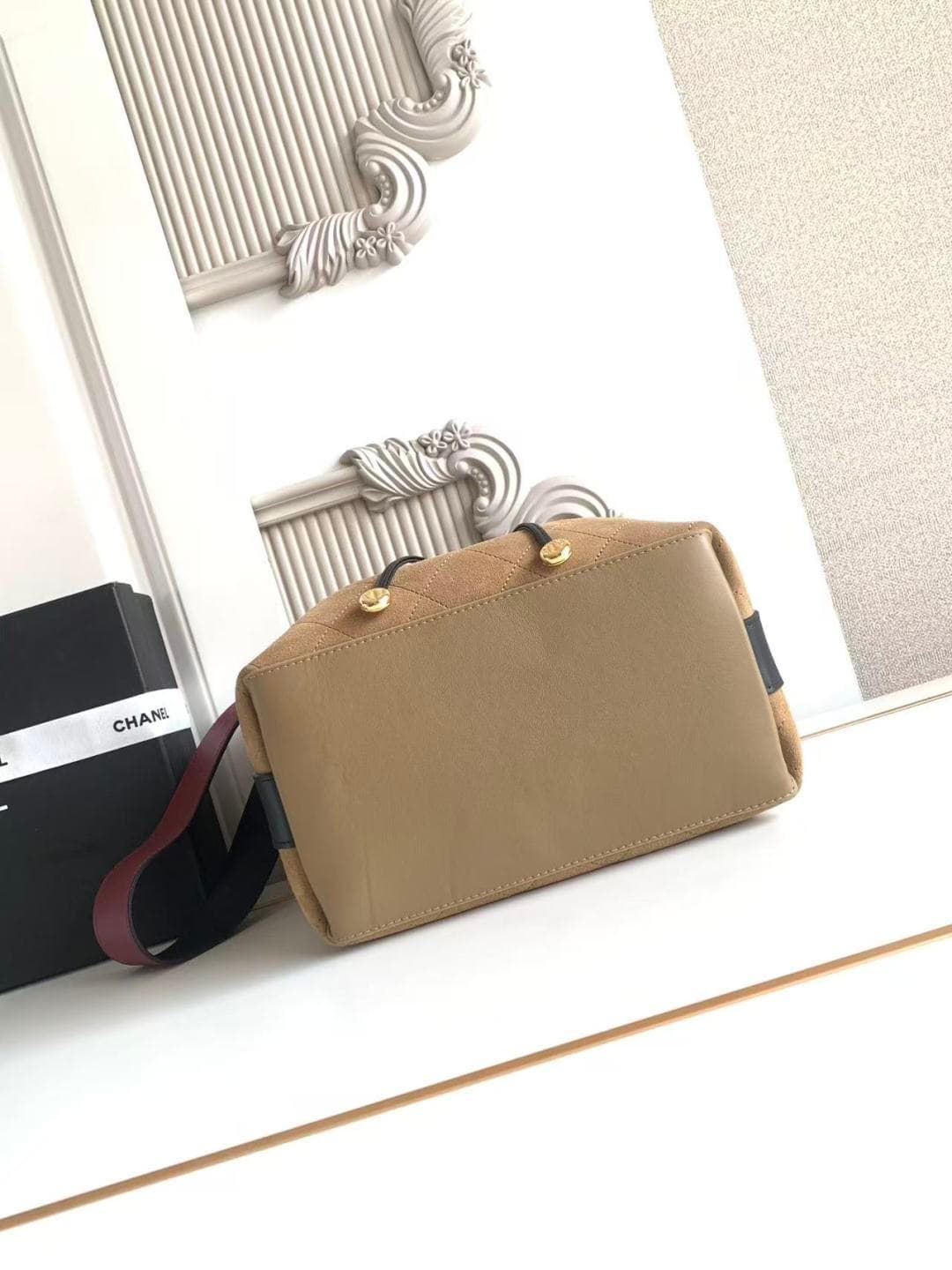 Chanel Small Bucket Bag Suede Calfskin & Gold-Tone Metal Dark Beige AS6584 A