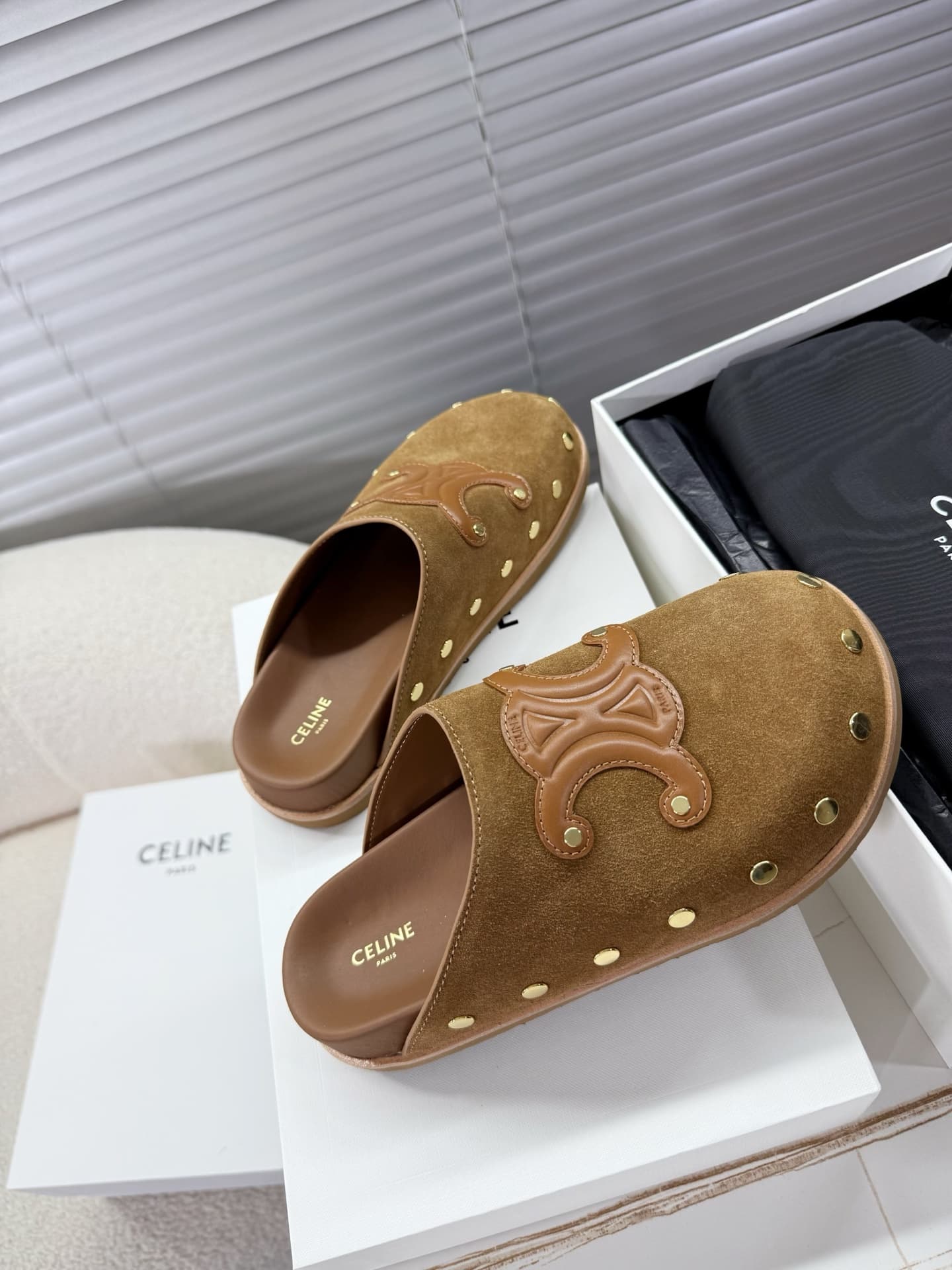 Celine Suede Studded Accents Slides Shoes Women