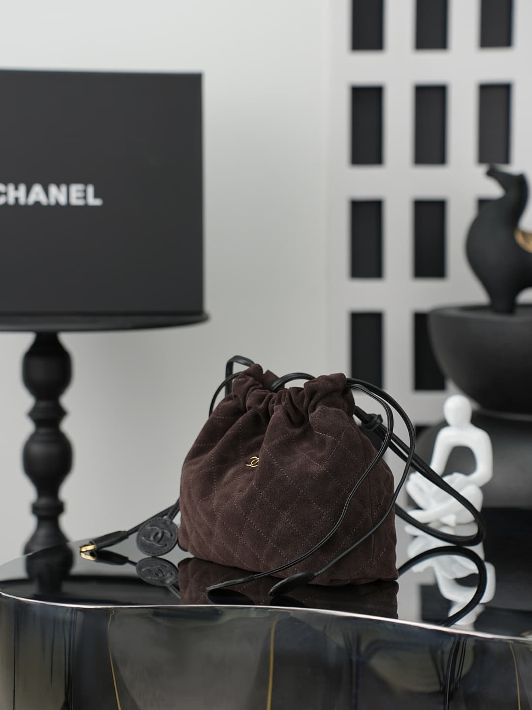 Chanel Clutch with Leather Strap Dark Brown quilted suede & Gold-tone Metal AP5228 A