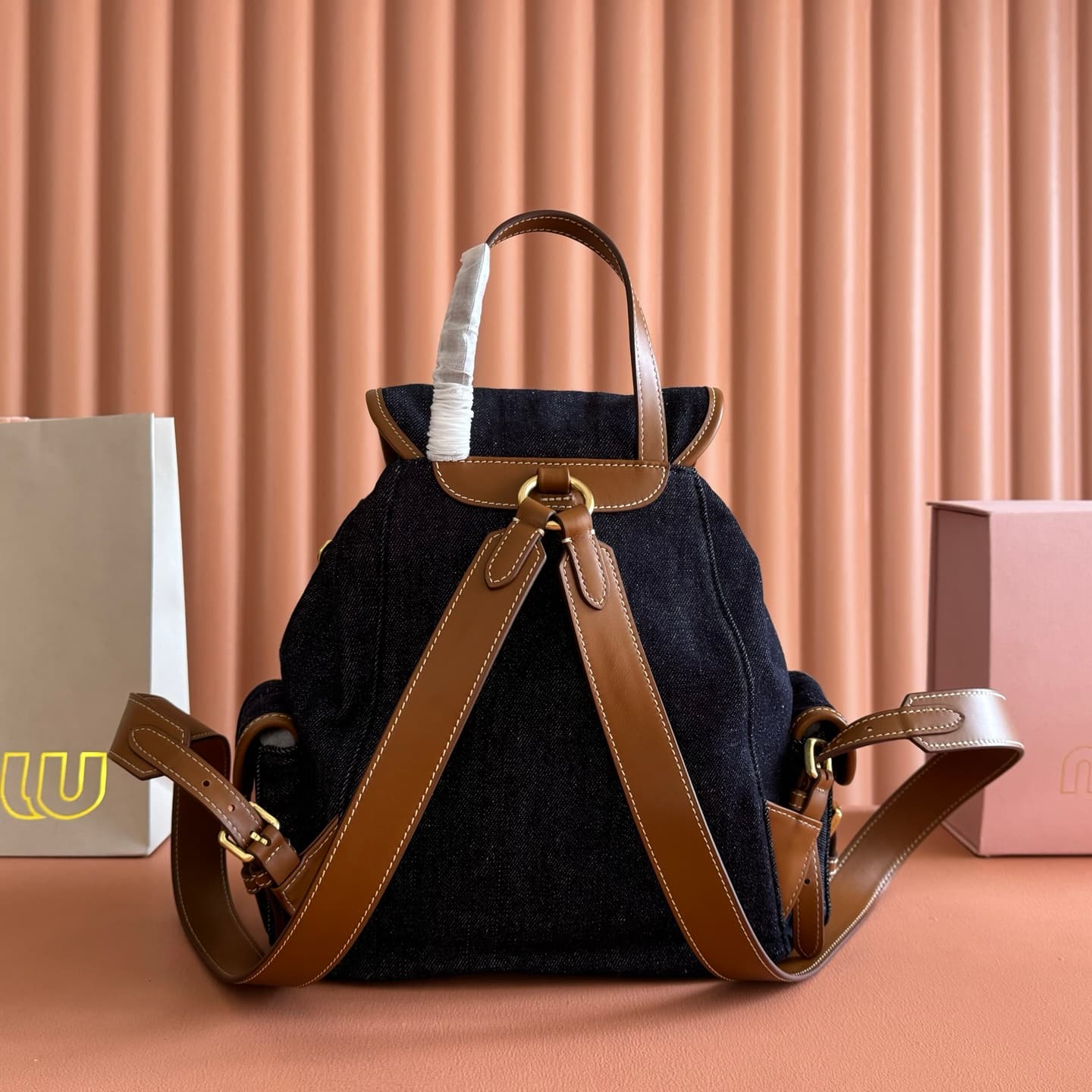 Miu Miu Blue/brandy Denim Backpack 5bz042 High